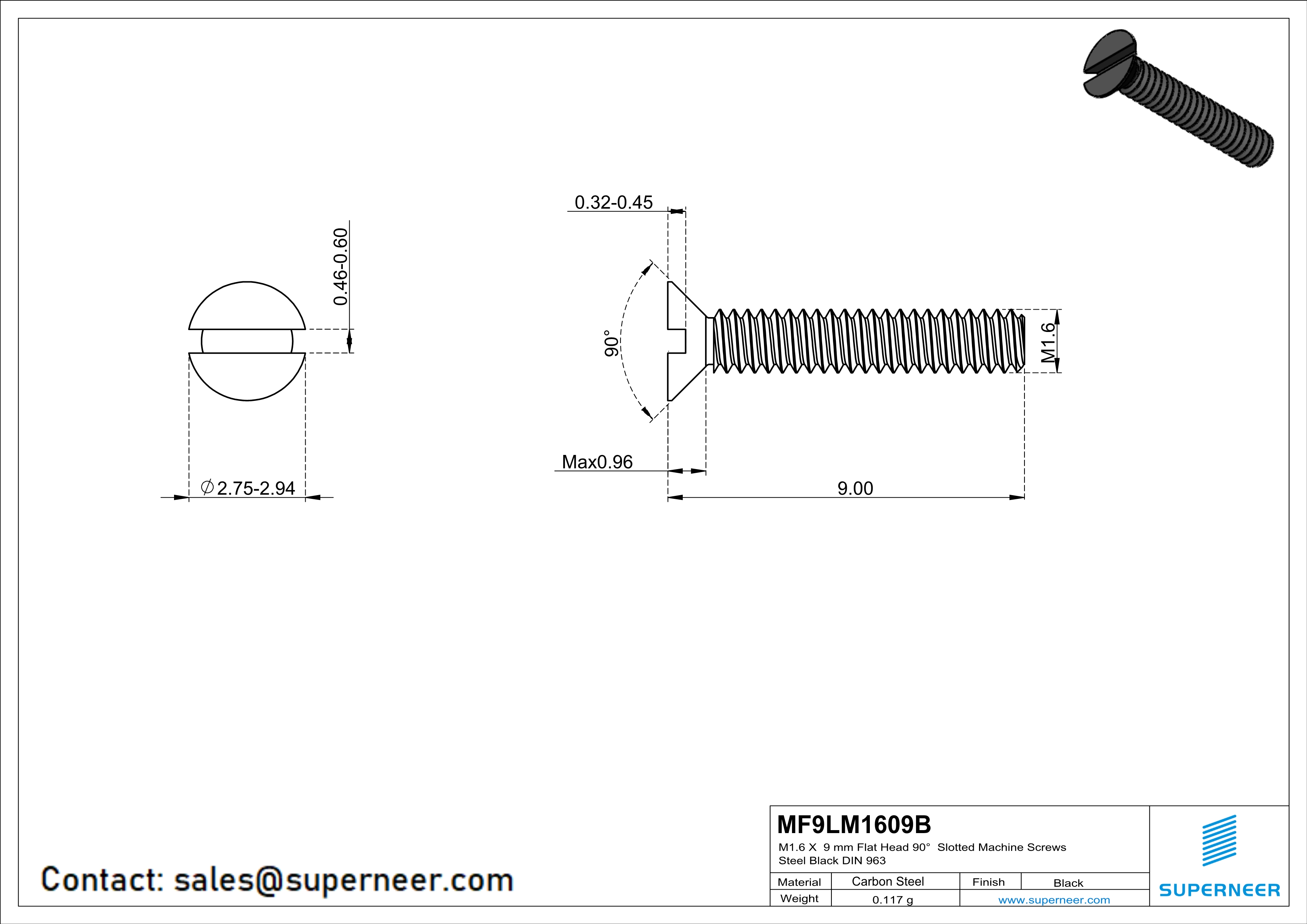 M1.6 x 9 mm Flat Head 90° Slotted Machine Screws Steel Black DIN 963