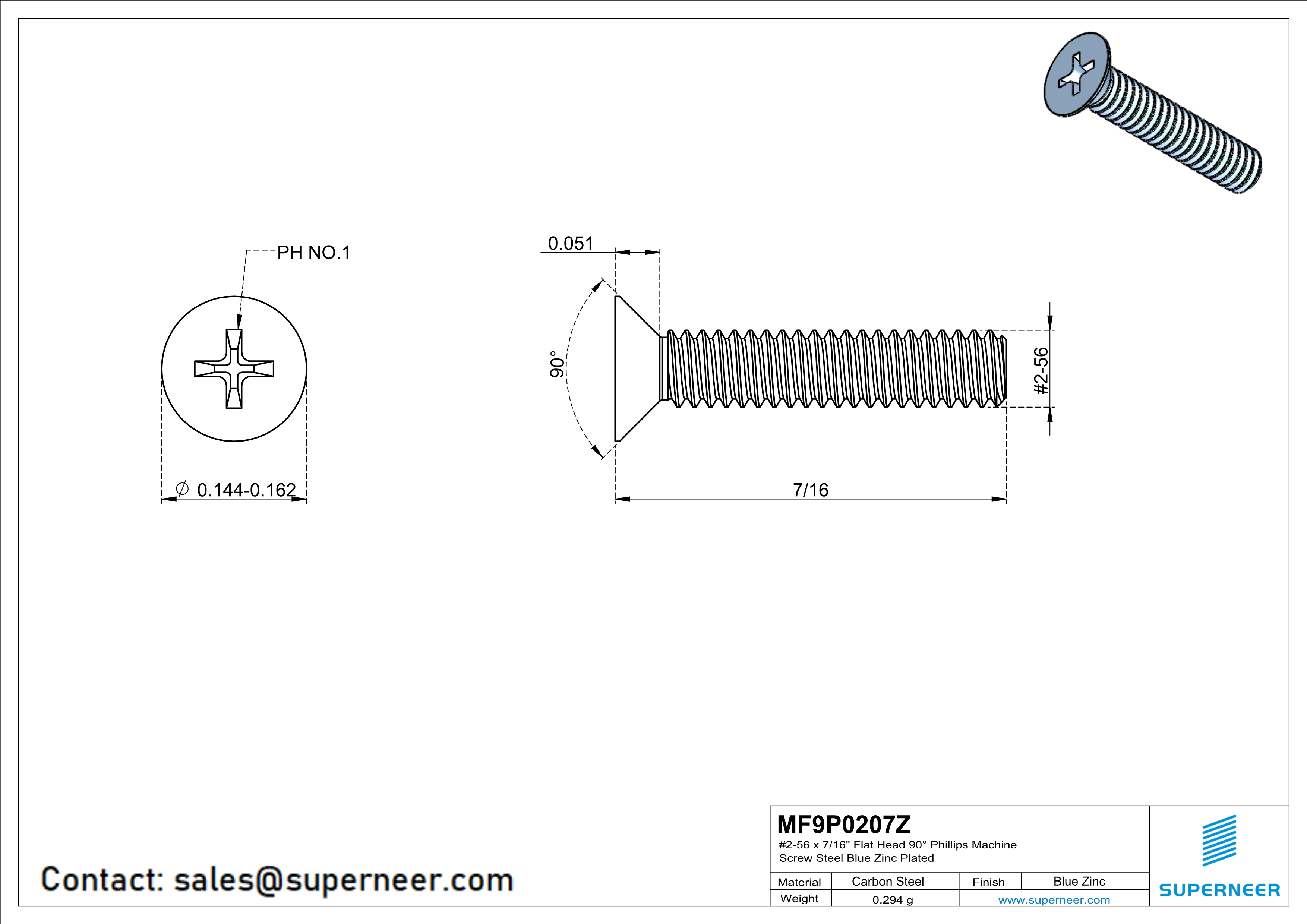 2-56 x 7/16" Flat Head 90° Phillips Machine Screw Steel Blue Zinc Plated ANSI/ASME B18.6.3 