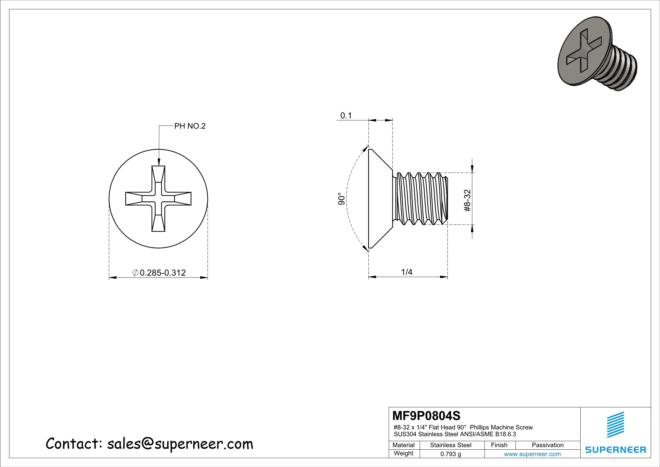 8-32 x 1/4" Flat Head 90°  Phillips Machine Screw SUS304 Stainless Steel Inox ANSI/ASME B18.6.3 