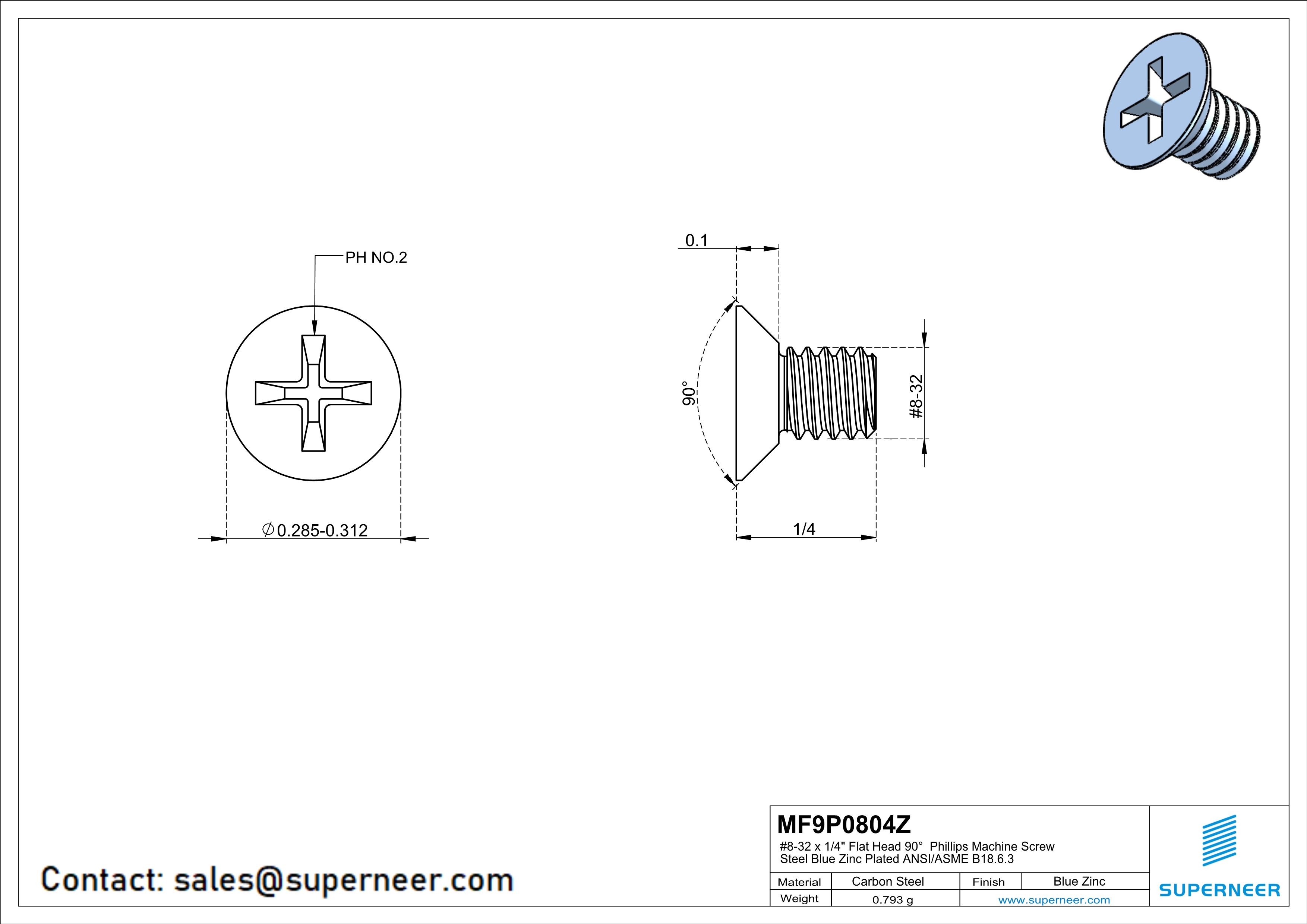 8-32 x 1/4" Flat Head 90° Phillips Machine Screw Steel Blue Zinc Plated ANSI/ASME B18.6.3 