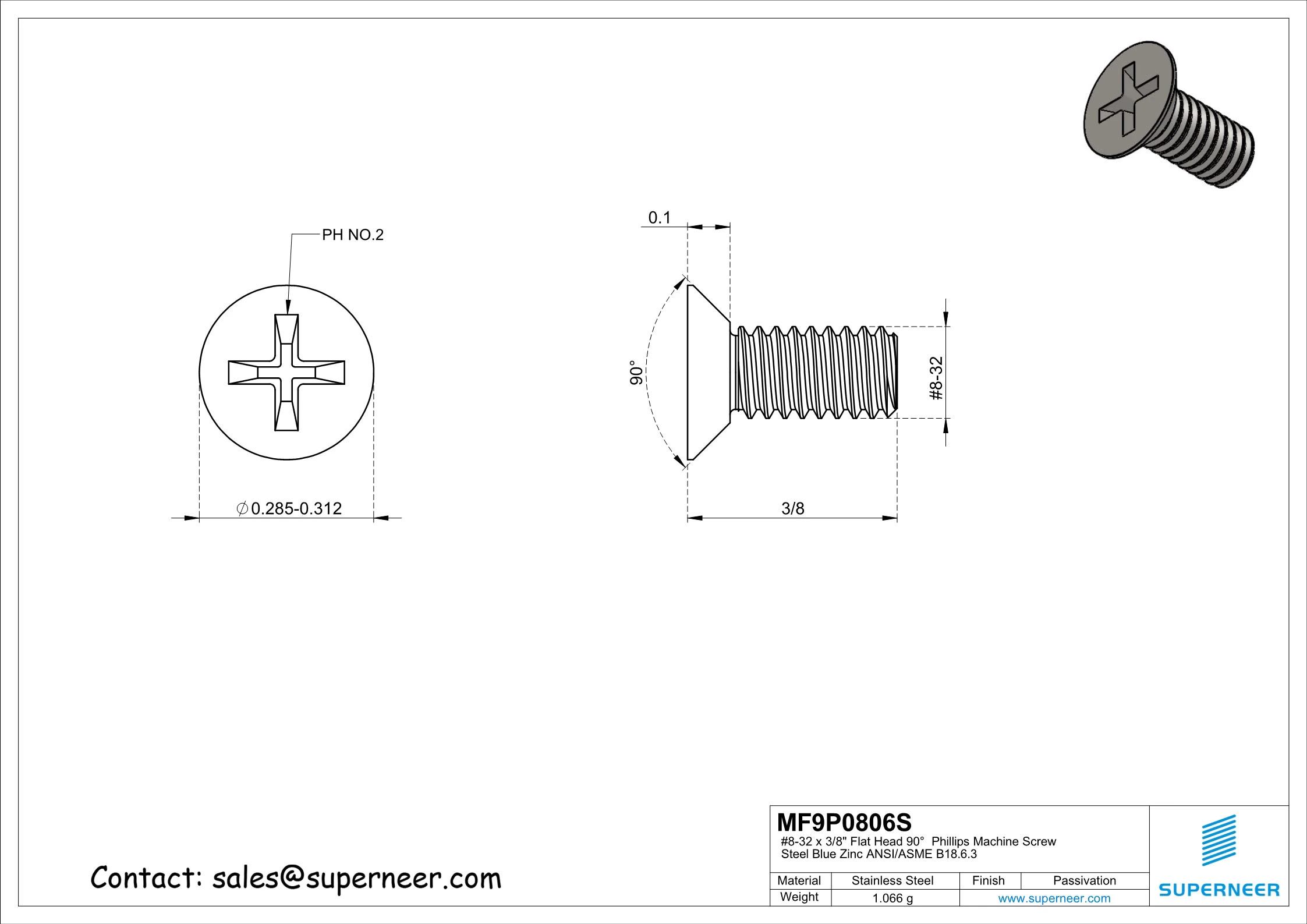 8-32  x 3/8" Flat Head 90°  Phillips Machine Screw SUS304 Stainless Steel Inox ANSI/ASME B18.6.3 