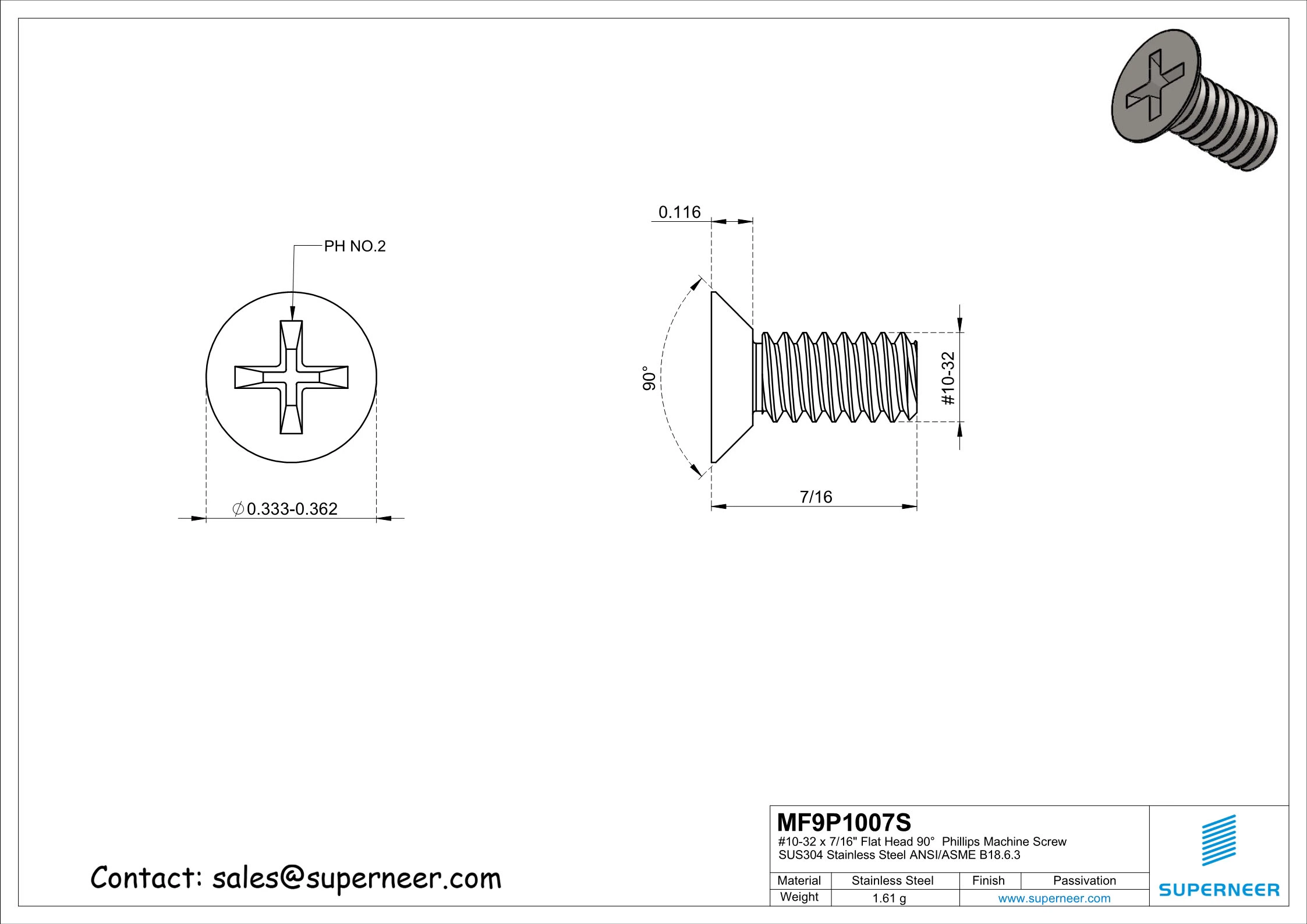 10-32  x 7/16" Flat Head 90°  Phillips Machine Screw SUS304 Stainless Steel Inox ANSI/ASME B18.6.3 