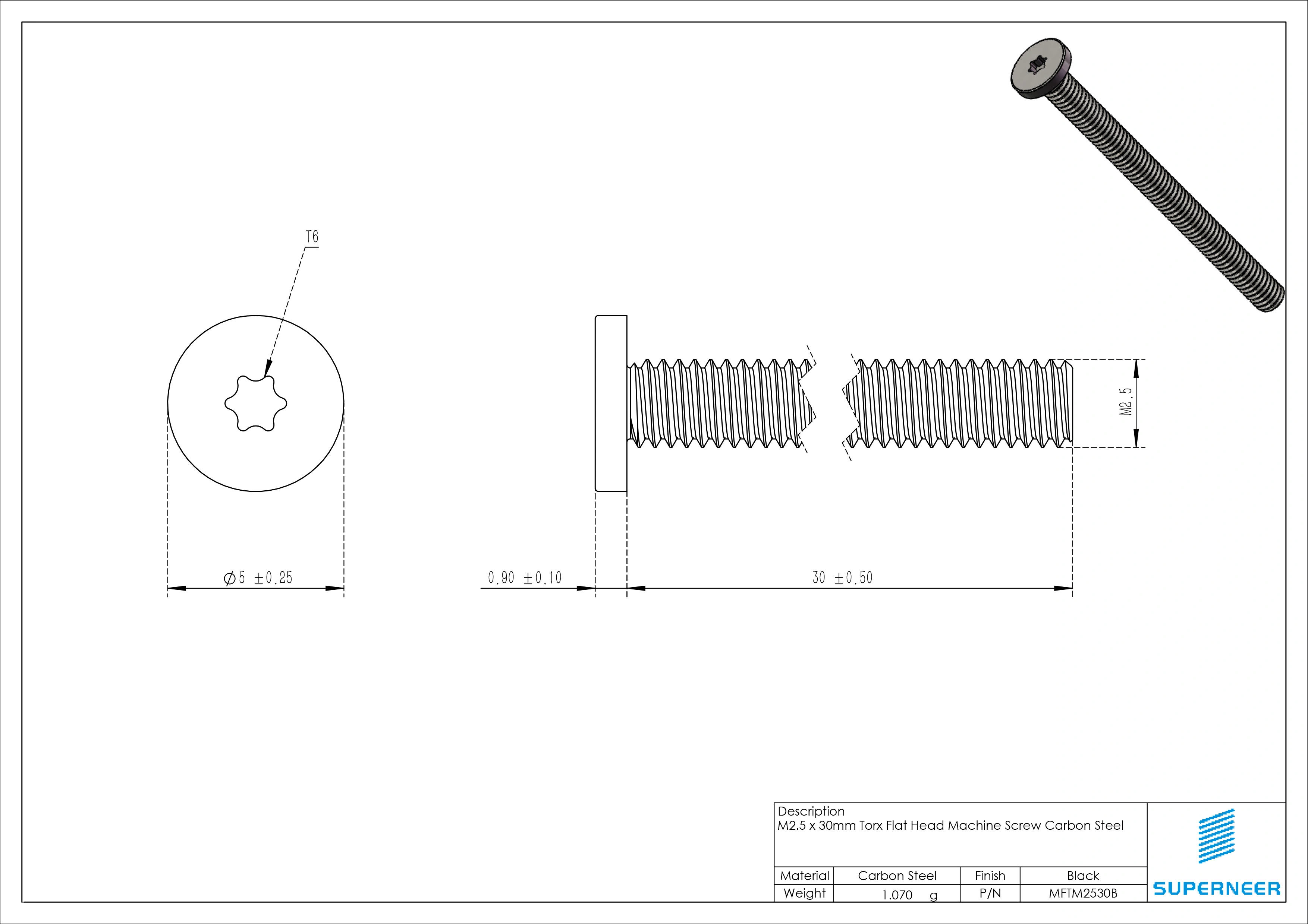 M2.5 x 30mm Torx Flat Head Machine Screw Carbon Steel Black