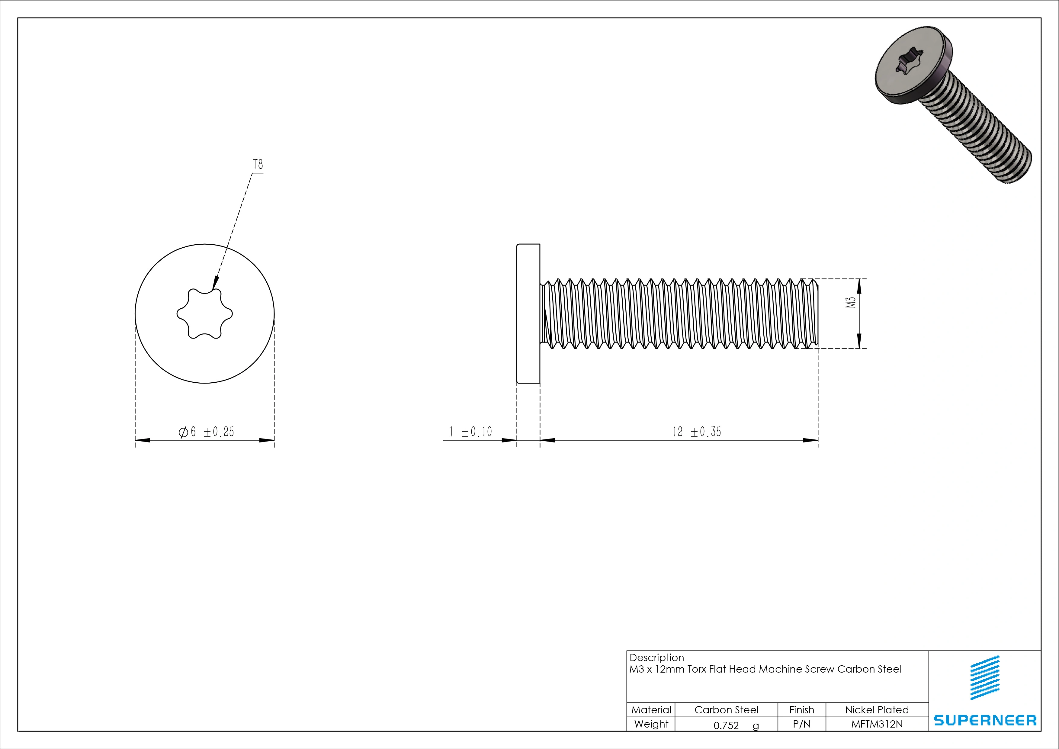 M3 x 12mm Torx Flat Head Machine Screw Carbon Steel Nickel Plated