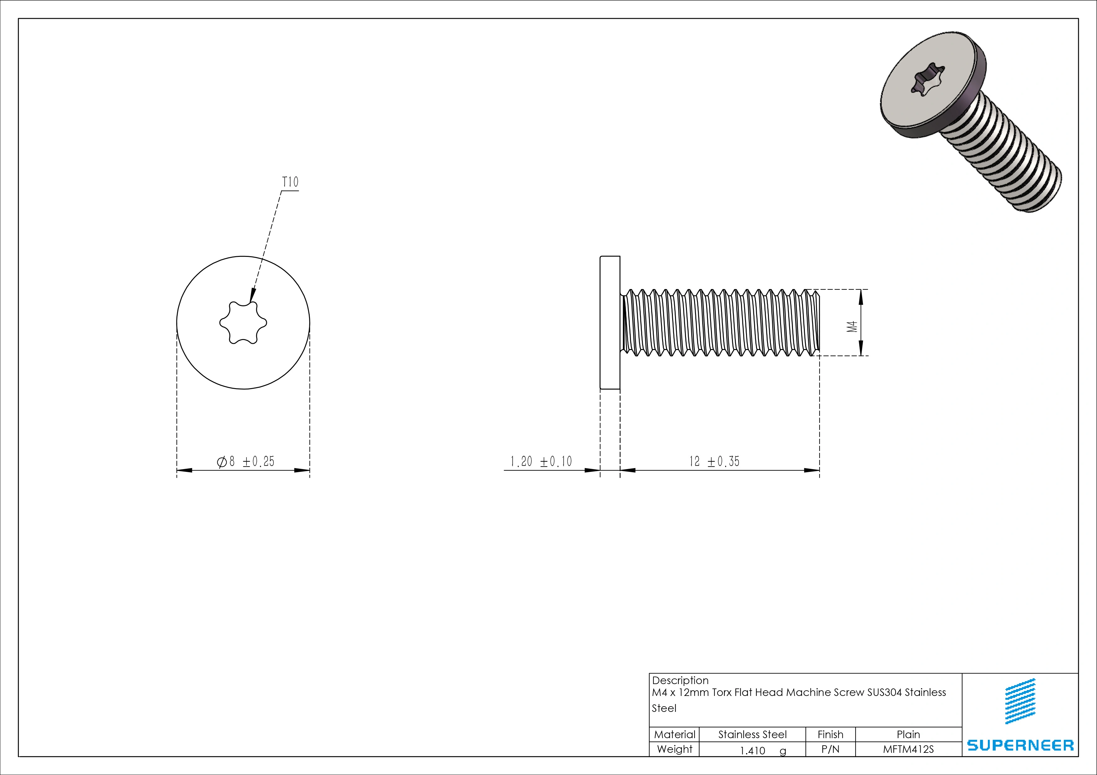 M4 x 12mm Torx Flat Head Machine Screw SUS304 Stainless Steel Inox 