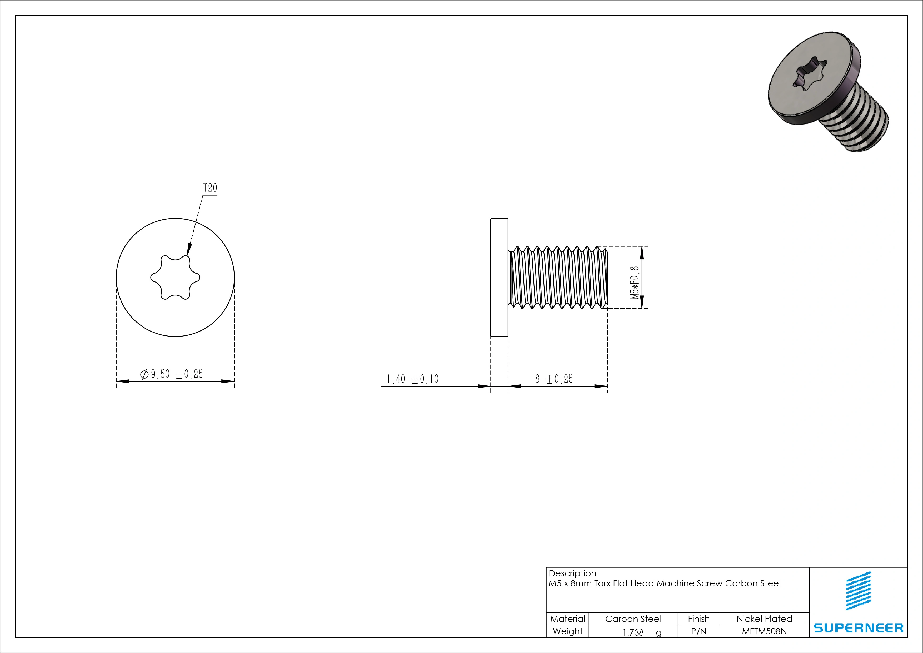 M5 x 8mm Torx Flat Head Machine Screw Carbon Steel Nickel Plated