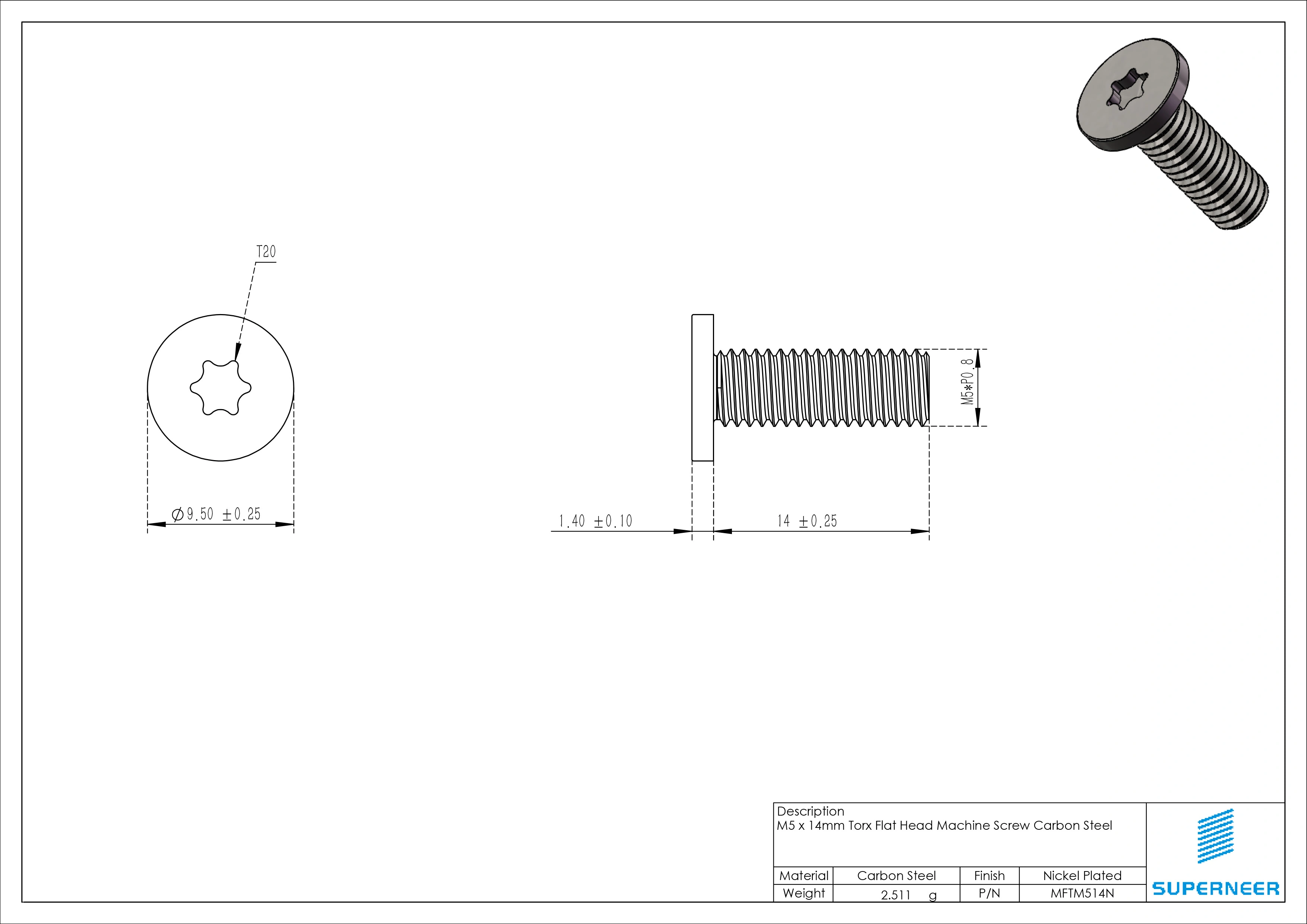 M5 x 14mm Torx Flat Head Machine Screw Carbon Steel Nickel Plated