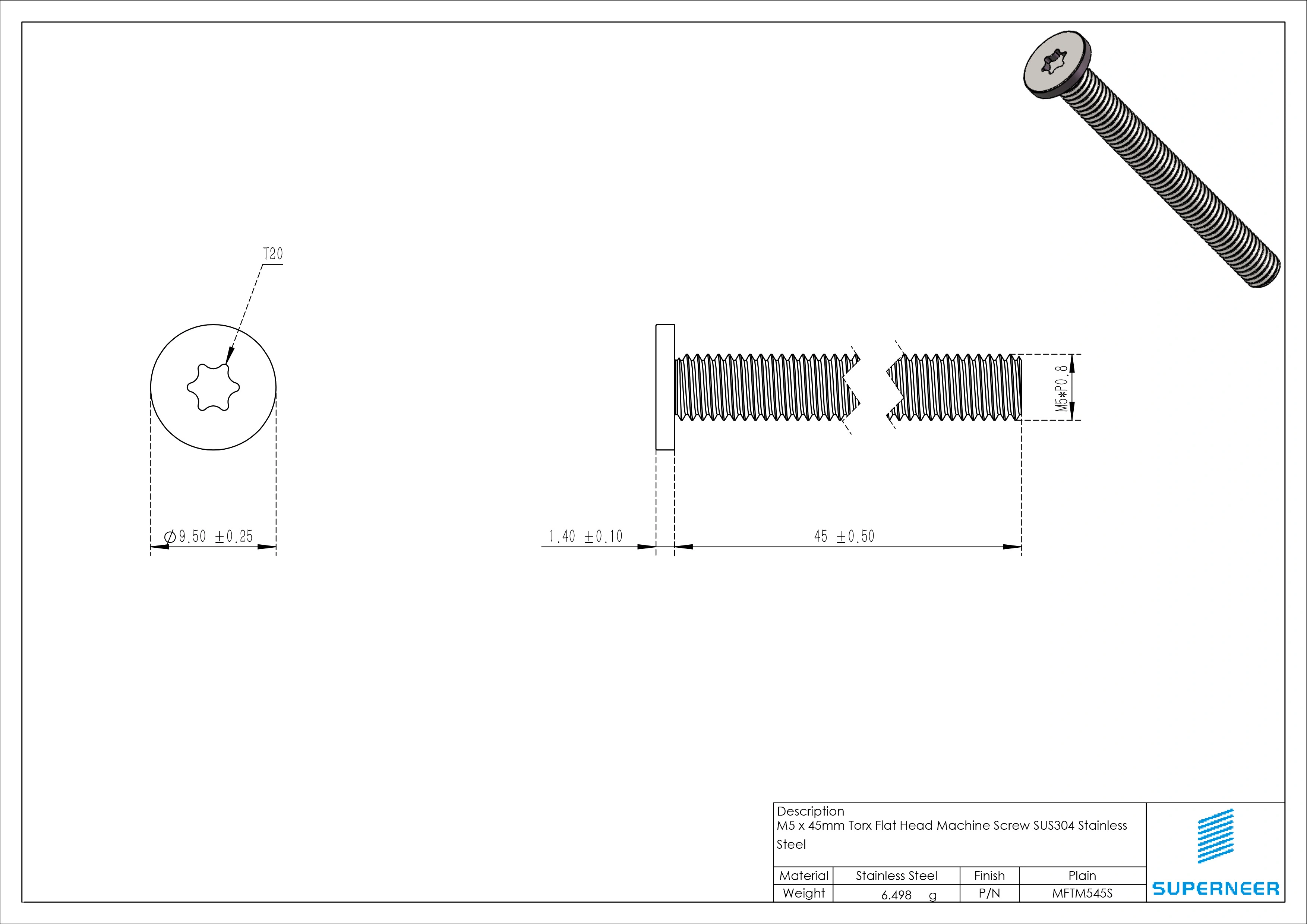M5 x 45mm Torx Flat Head Machine Screw SUS304 Stainless Steel Inox 