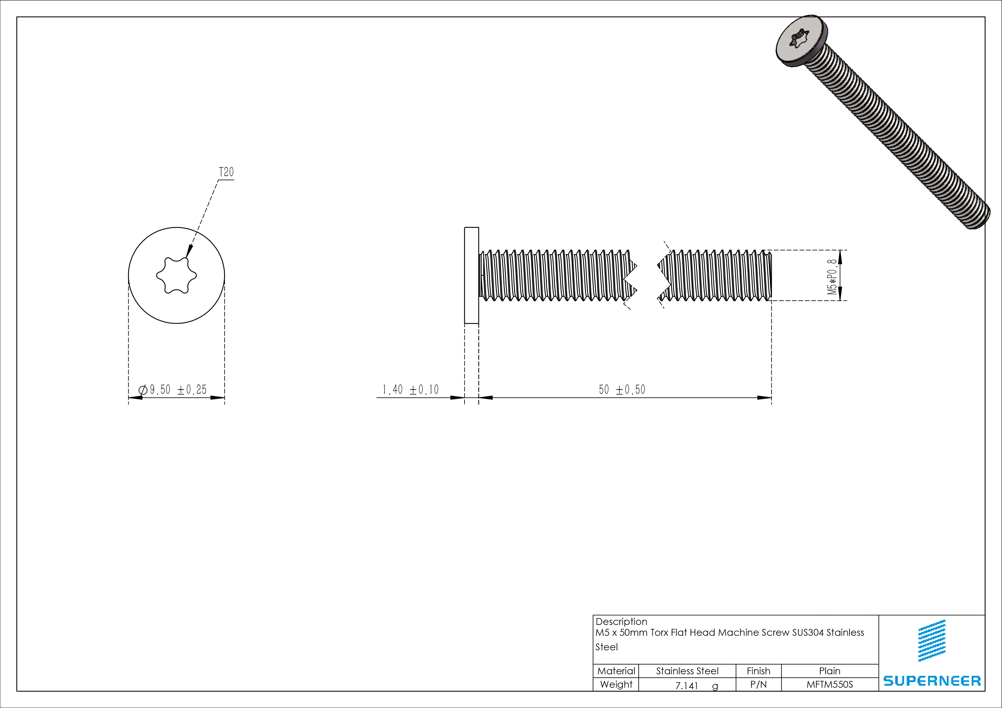 M5 x 50mm Torx Flat Head Machine Screw SUS304 Stainless Steel Inox 