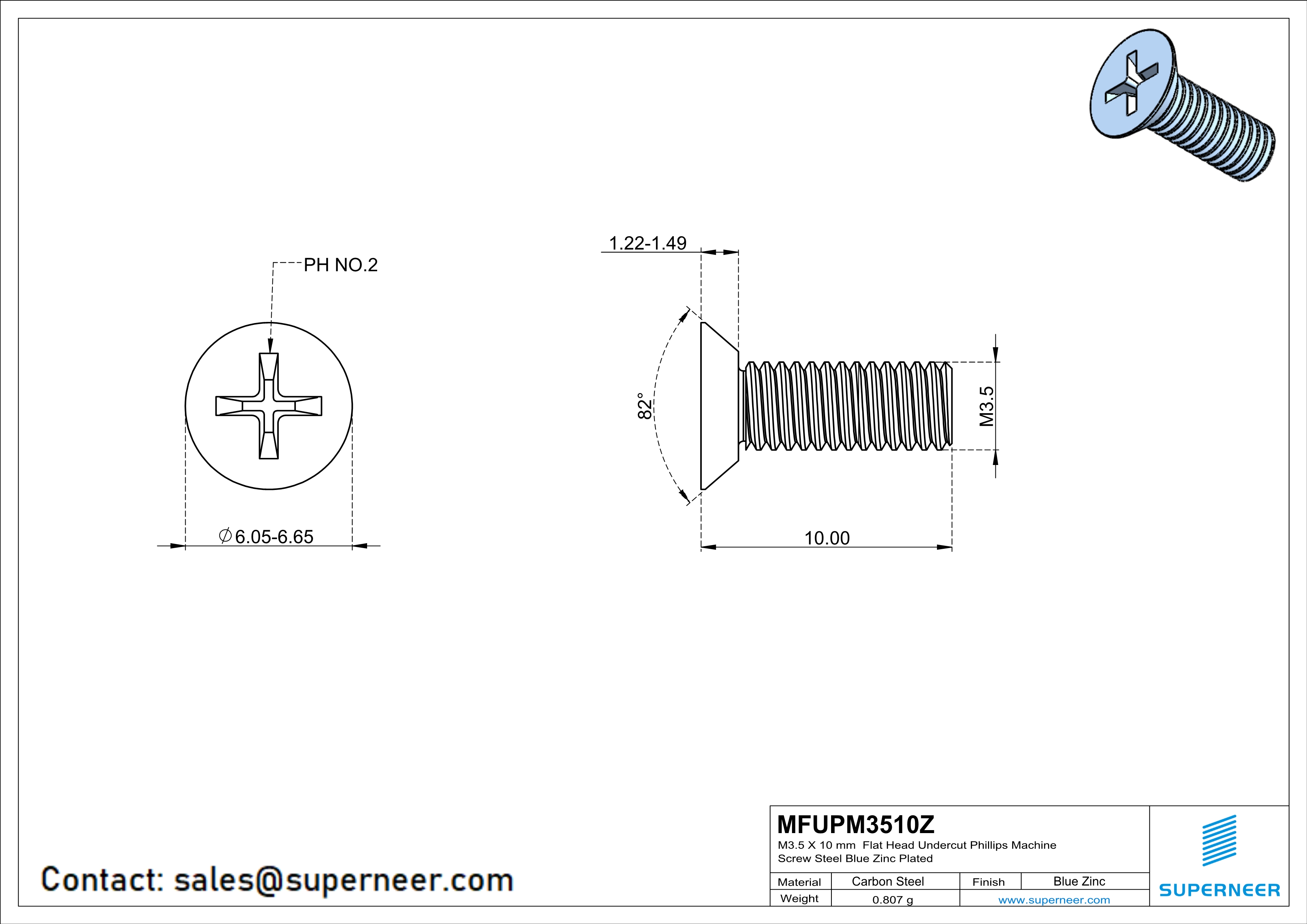 M3.5 x 10 mm Flat Head Undercut Phillips Machine Screw Steel Blue Zinc Plated