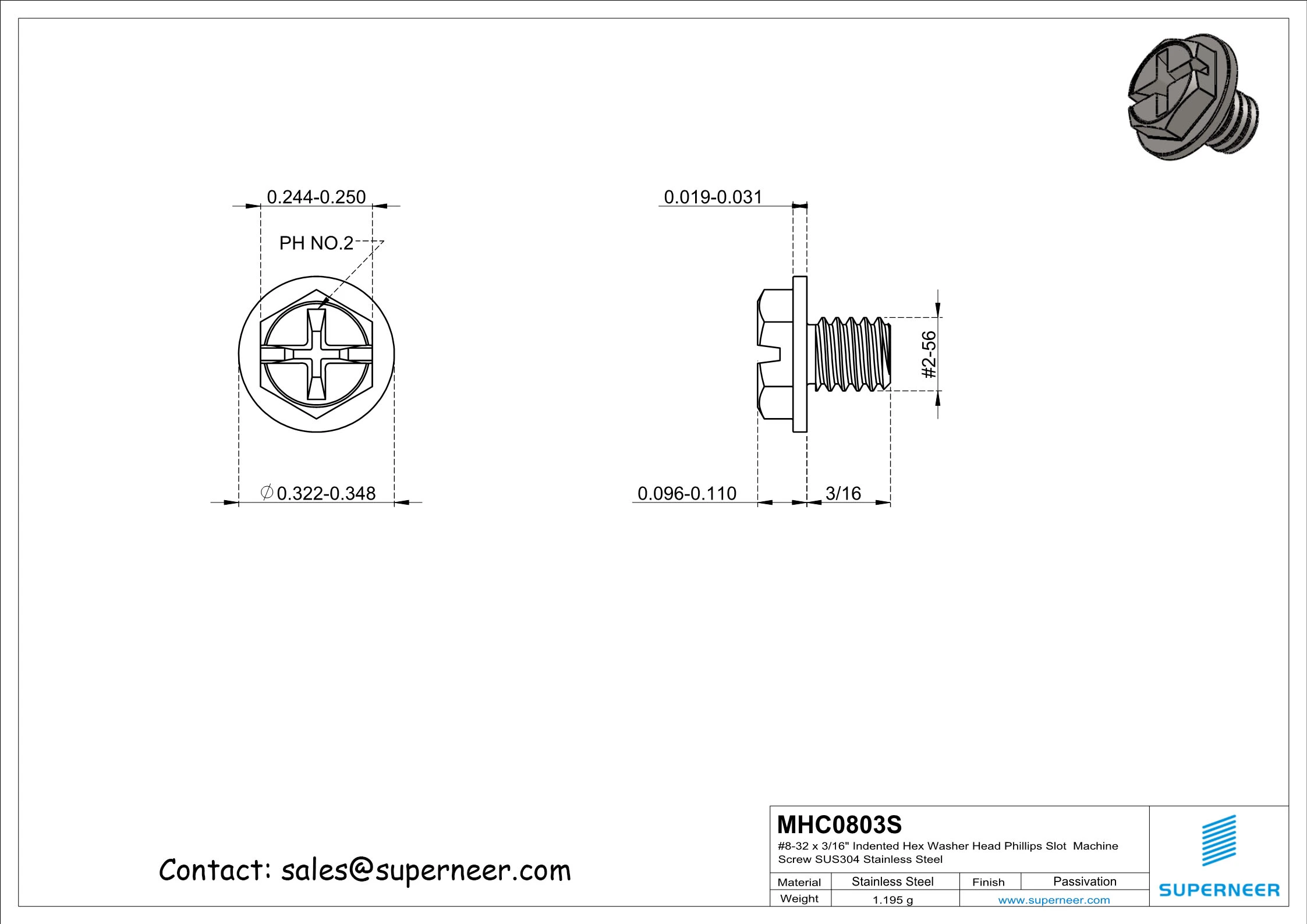 8-32 x 3/16" Indented Hex Washer Head Phillips Slot Machine Screw SUS304 Stainless Steel Inox