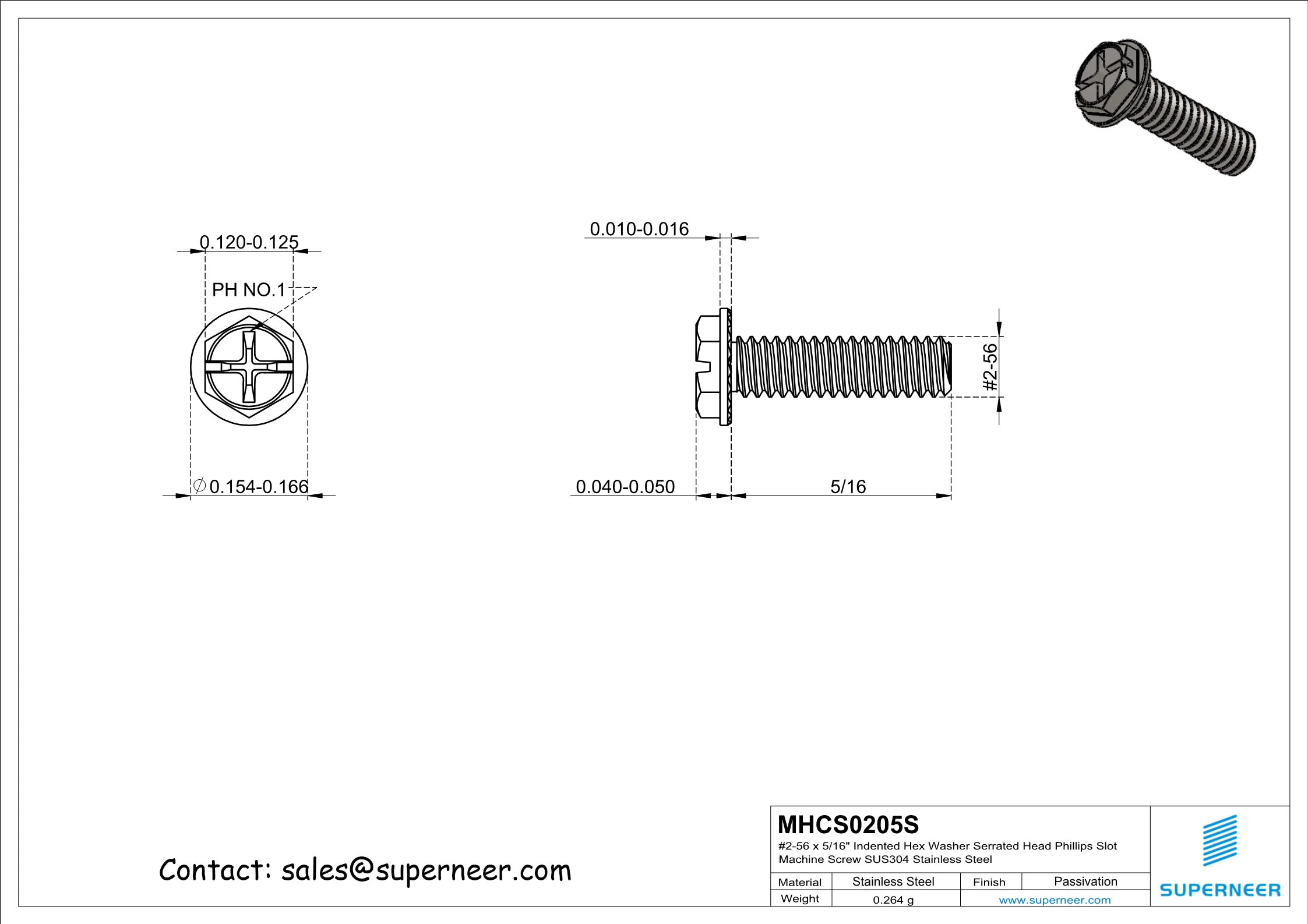 2-56 x 5/16" Indented Hex Washer Serrated Head Phillips Slot Machine Screw SUS304 Stainless Steel Inox