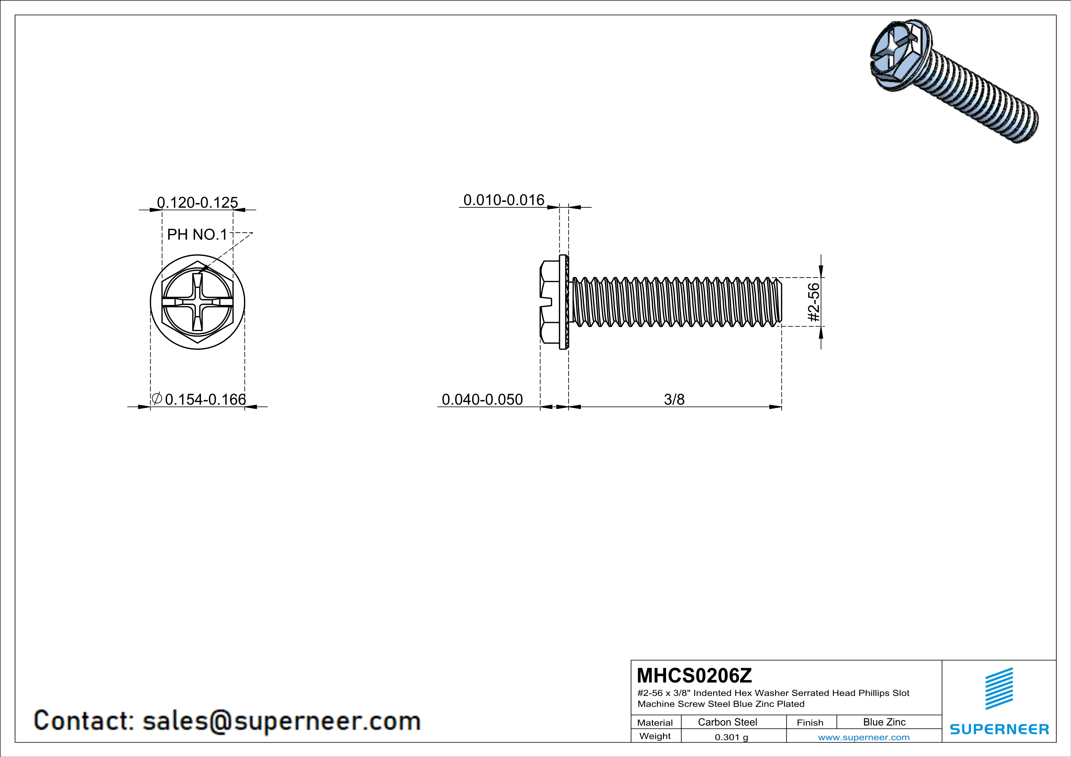 2-56 x 3/8" Indented Hex Washer Serrated Head Phillips Slot Machine Screw Steel Blue Zinc Plated