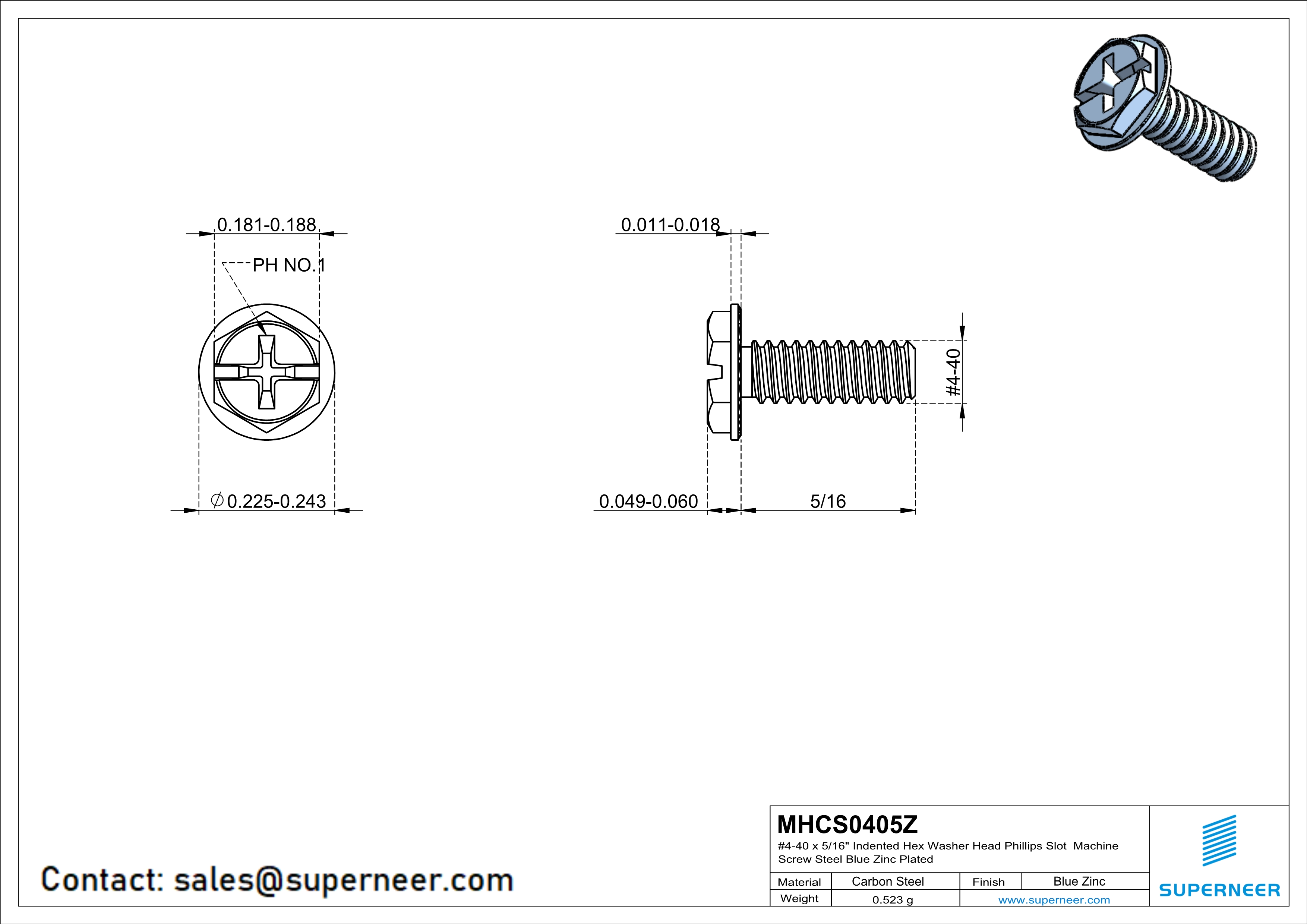 4-40 x 5/16" Indented Hex Washer Serrated Head Phillips Slot Machine Screw Steel Blue Zinc Plated