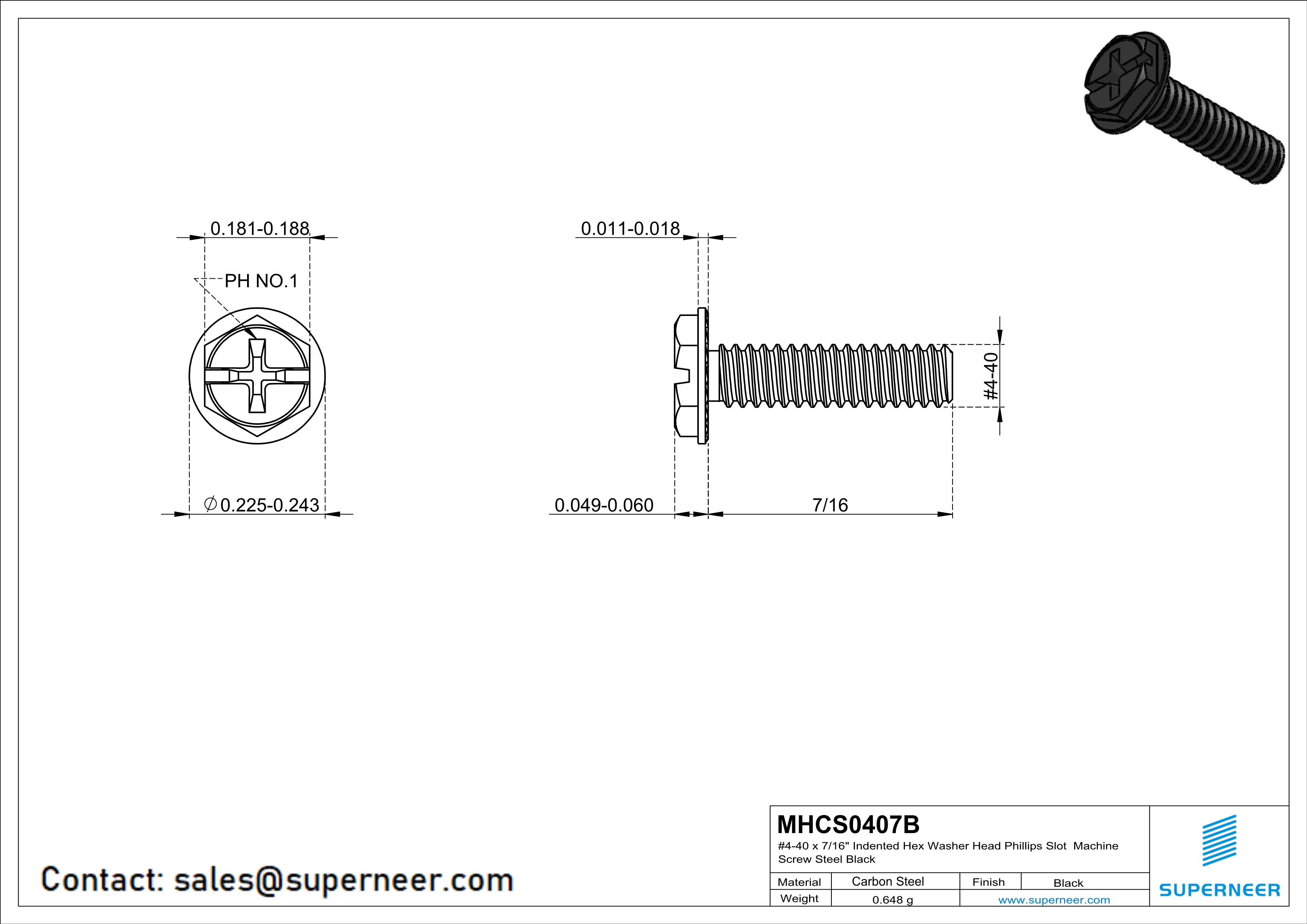 4-40 x 7/16“ Indented Hex Washer Serrated Head Phillips Slot Machine Screw Steel Black