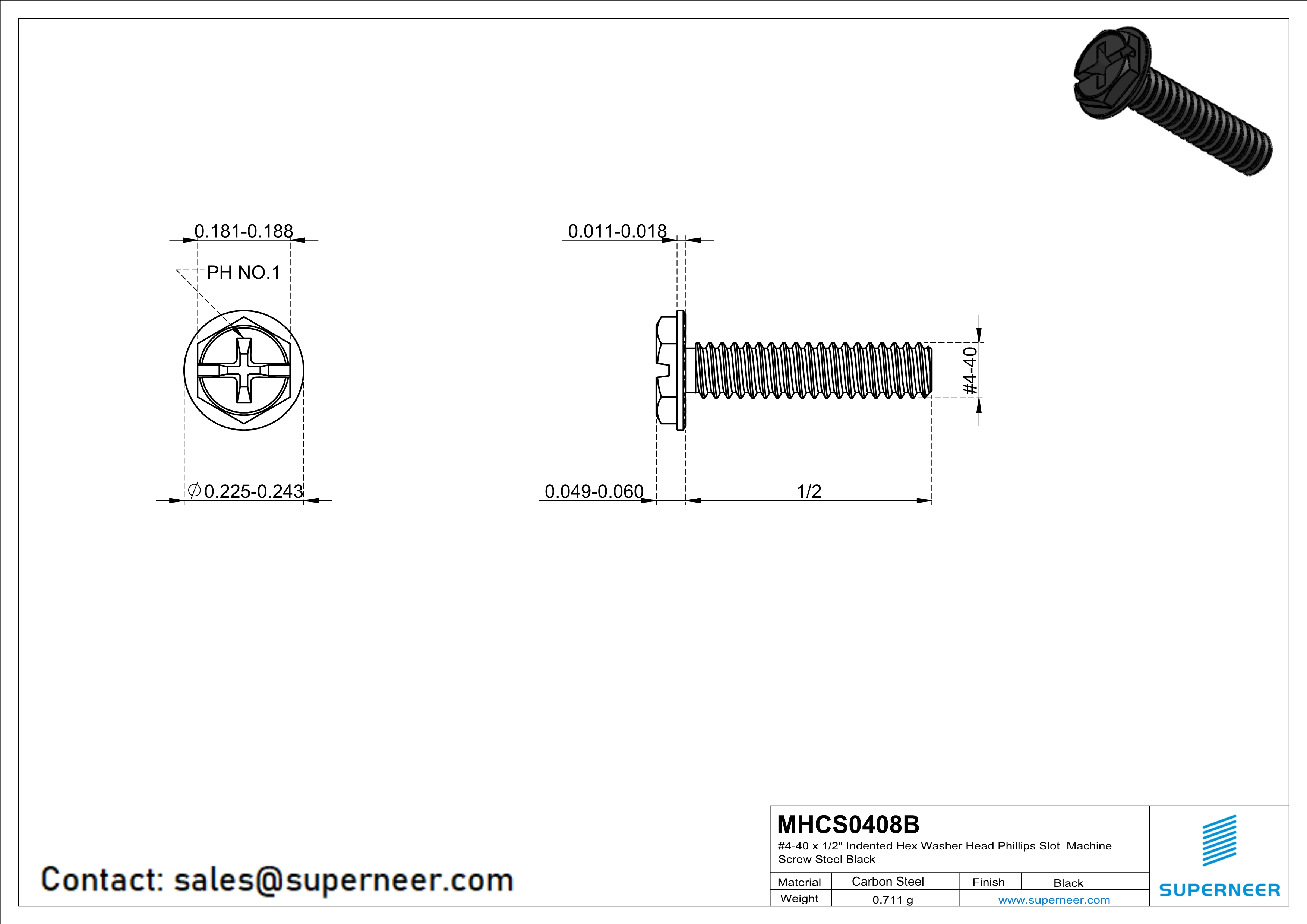 4-40 x 1/2" Indented Hex Washer Serrated Head Phillips Slot Machine Screw Steel Black