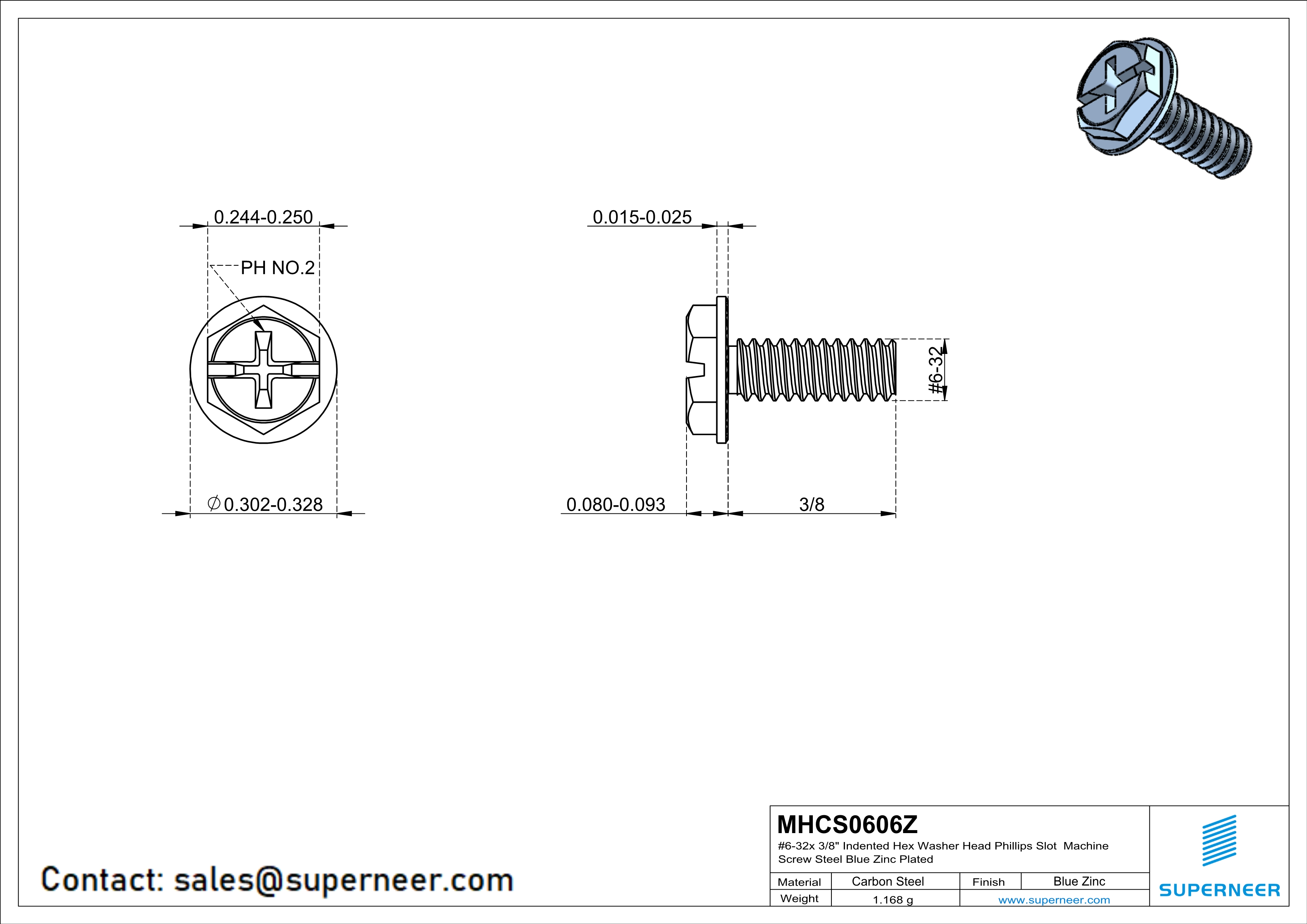 6-32 x 3/8" Indented Hex Washer Serrated Head Phillips Slot Machine Screw Steel Blue Zinc Plated