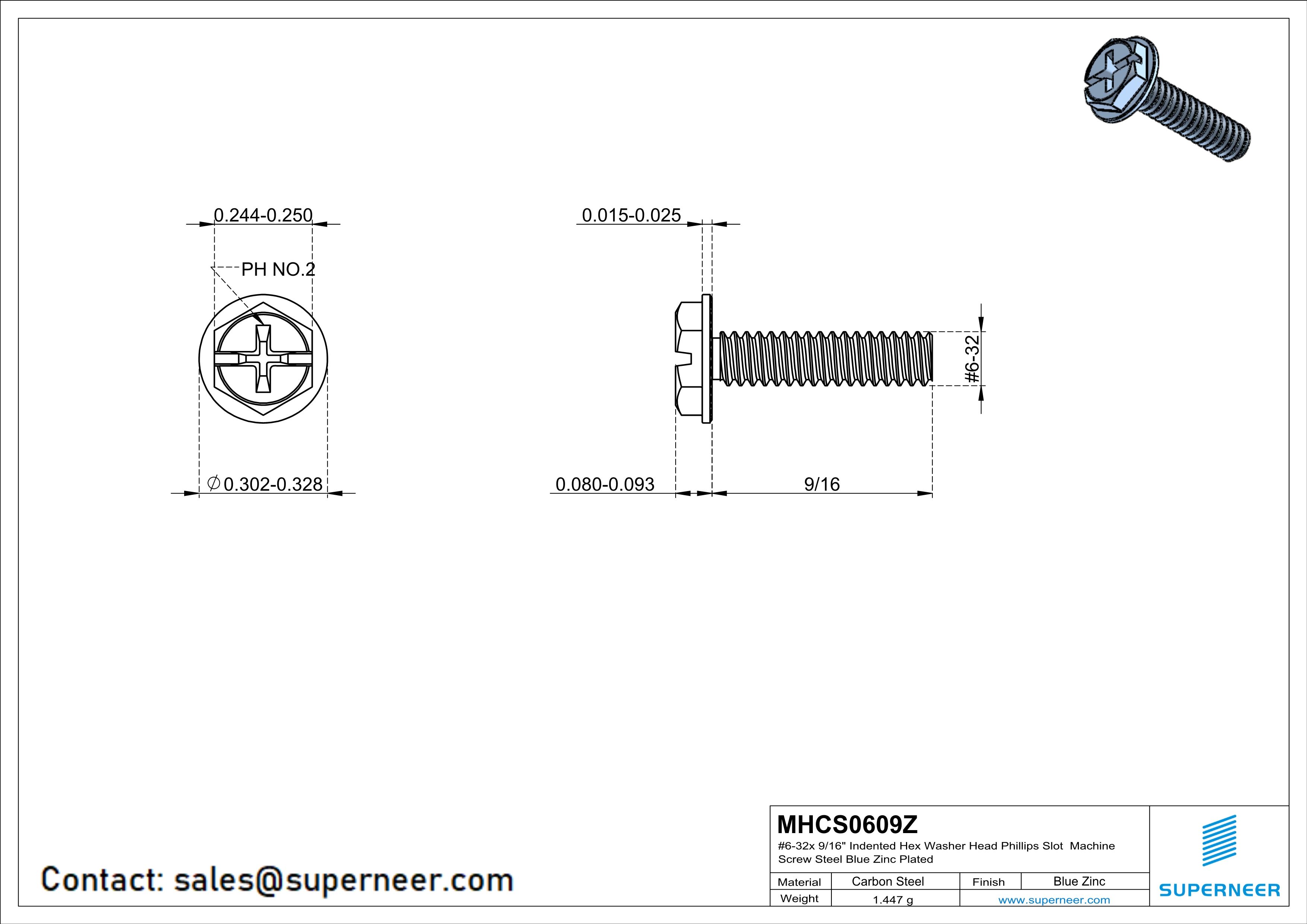 6-32 x 9/16“ Indented Hex Washer Serrated Head Phillips Slot Machine Screw Steel Blue Zinc Plated