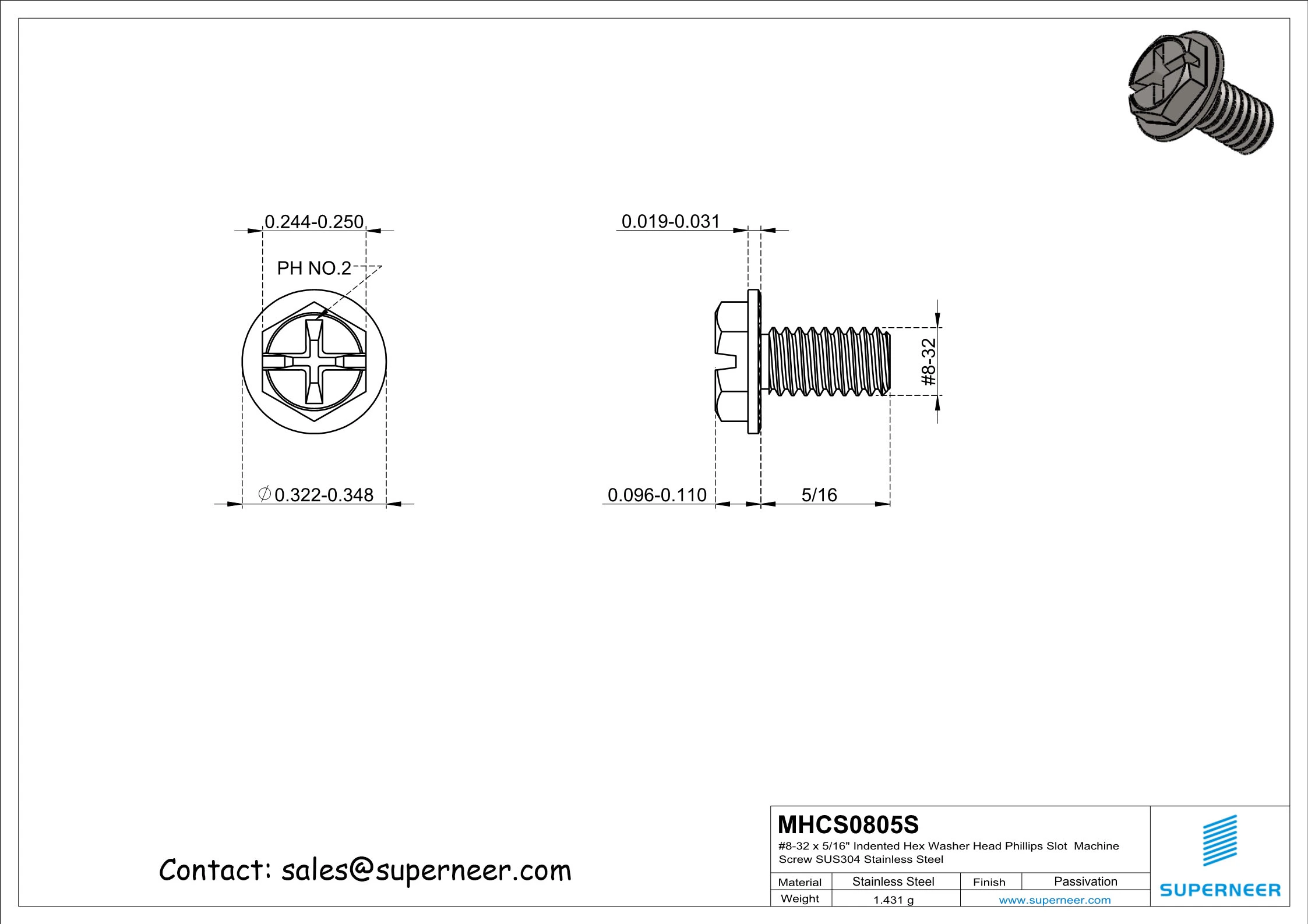 8-32 x 5/16" Indented Hex Washer Serrated Head Phillips Slot Machine Screw SUS304 Stainless Steel Inox