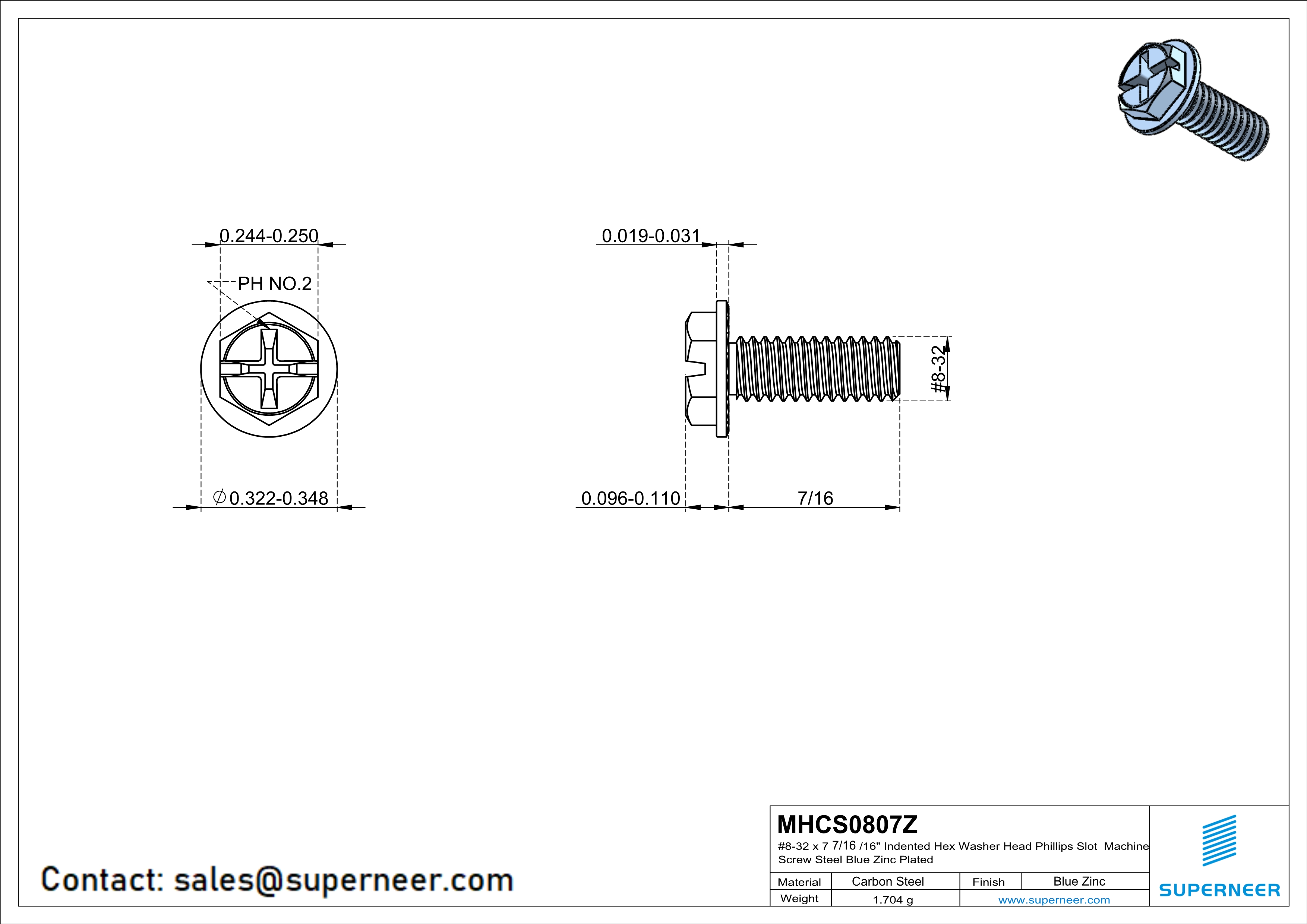 8-32 x 7/16“ Indented Hex Washer Serrated Head Phillips Slot Machine Screw Steel Blue Zinc Plated