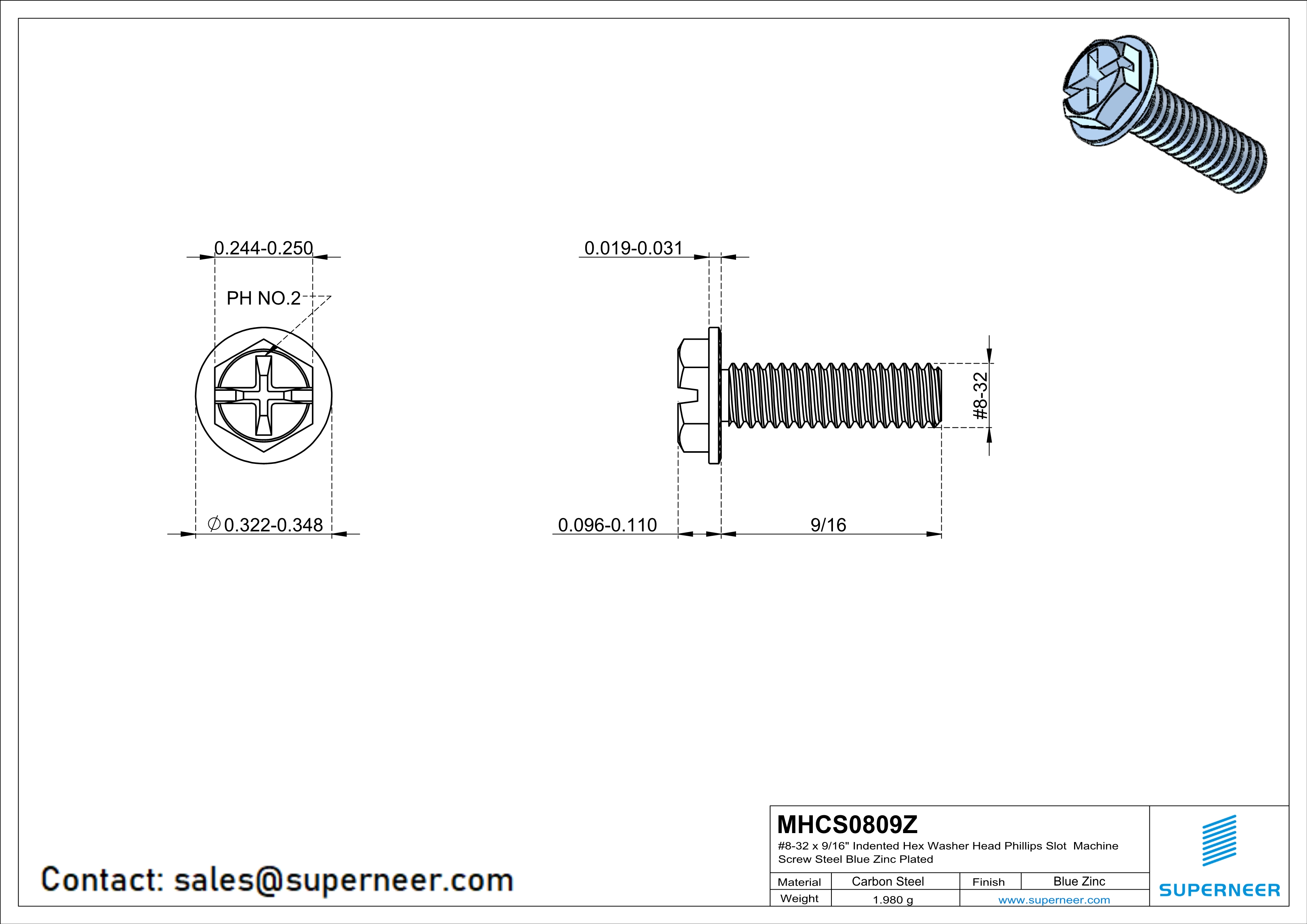 8-32 x 9/16“ Indented Hex Washer Serrated Head Phillips Slot Machine Screw Steel Blue Zinc Plated