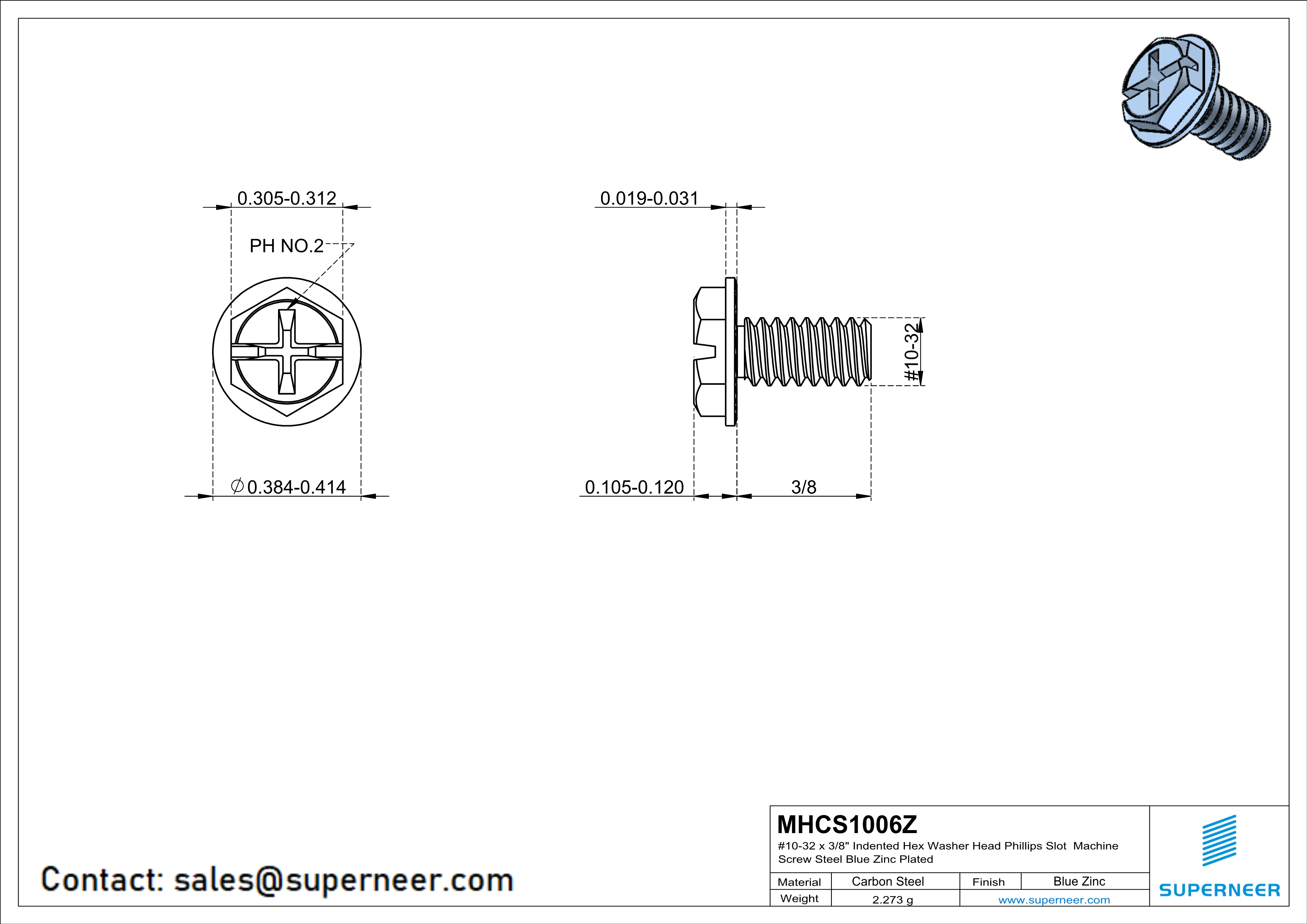 10-32 x 3/8" Indented Hex Washer Serrated Head Phillips Slot Machine Screw Steel Blue Zinc Plated