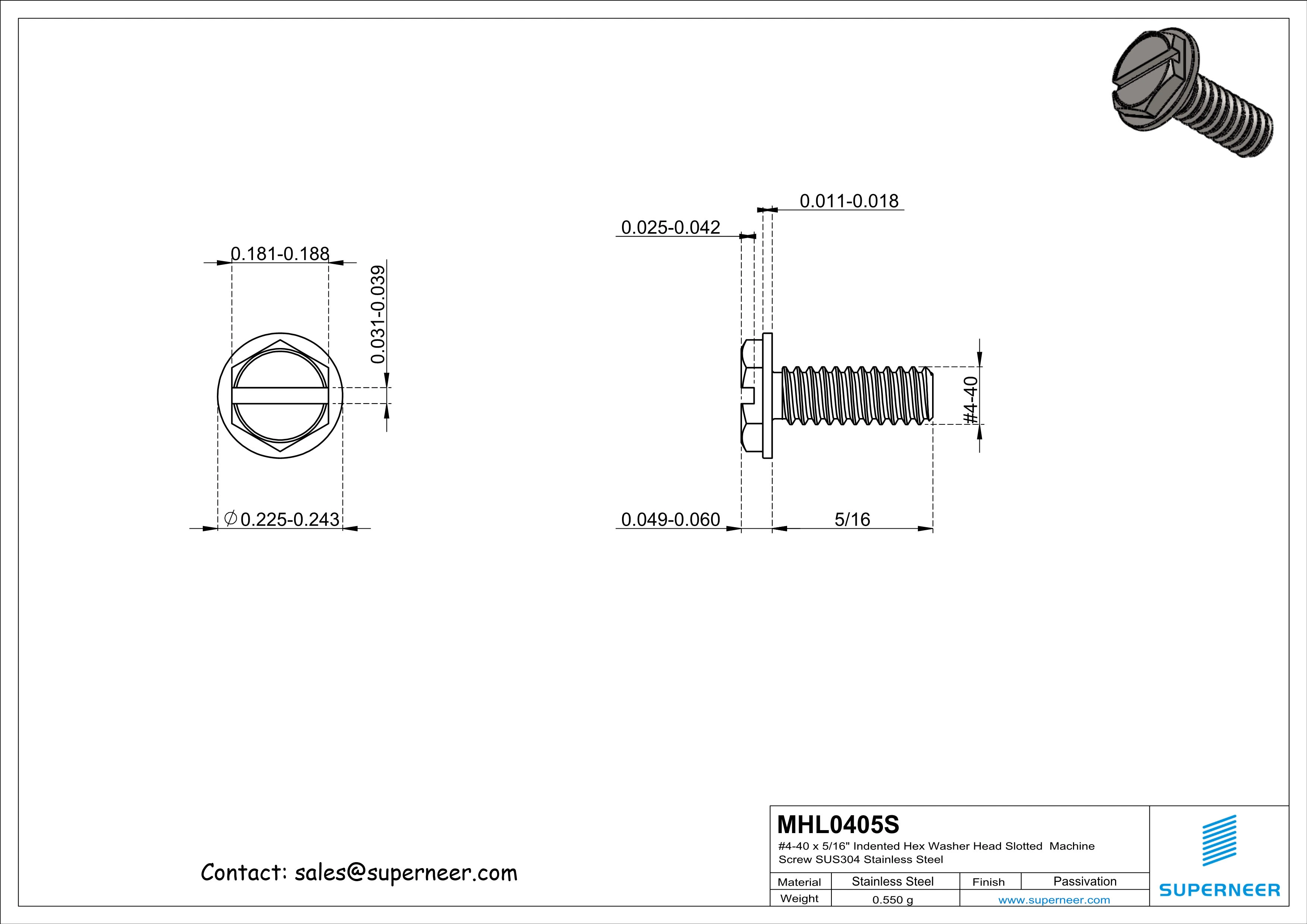 4-40 x 5/16" Indented Hex Washer Head Slotted Machine Screw SUS304 Stainless Steel Inox