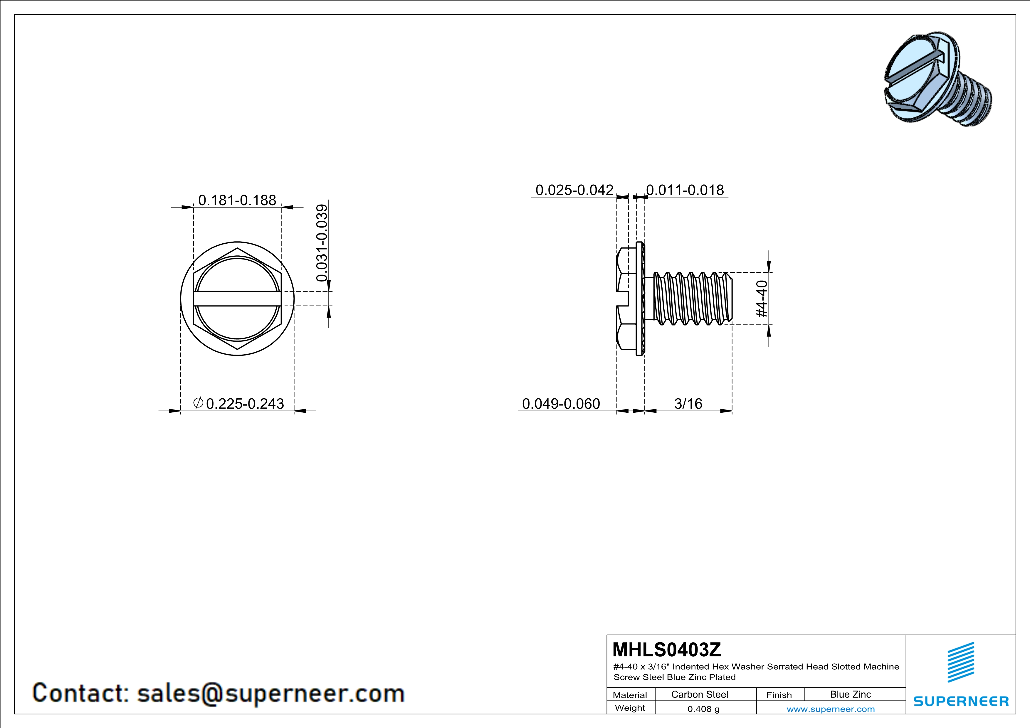 4-40 x 3/16" Indented Hex Washer Serrated Head Slotted Machine Screw Steel Blue Zinc Plated