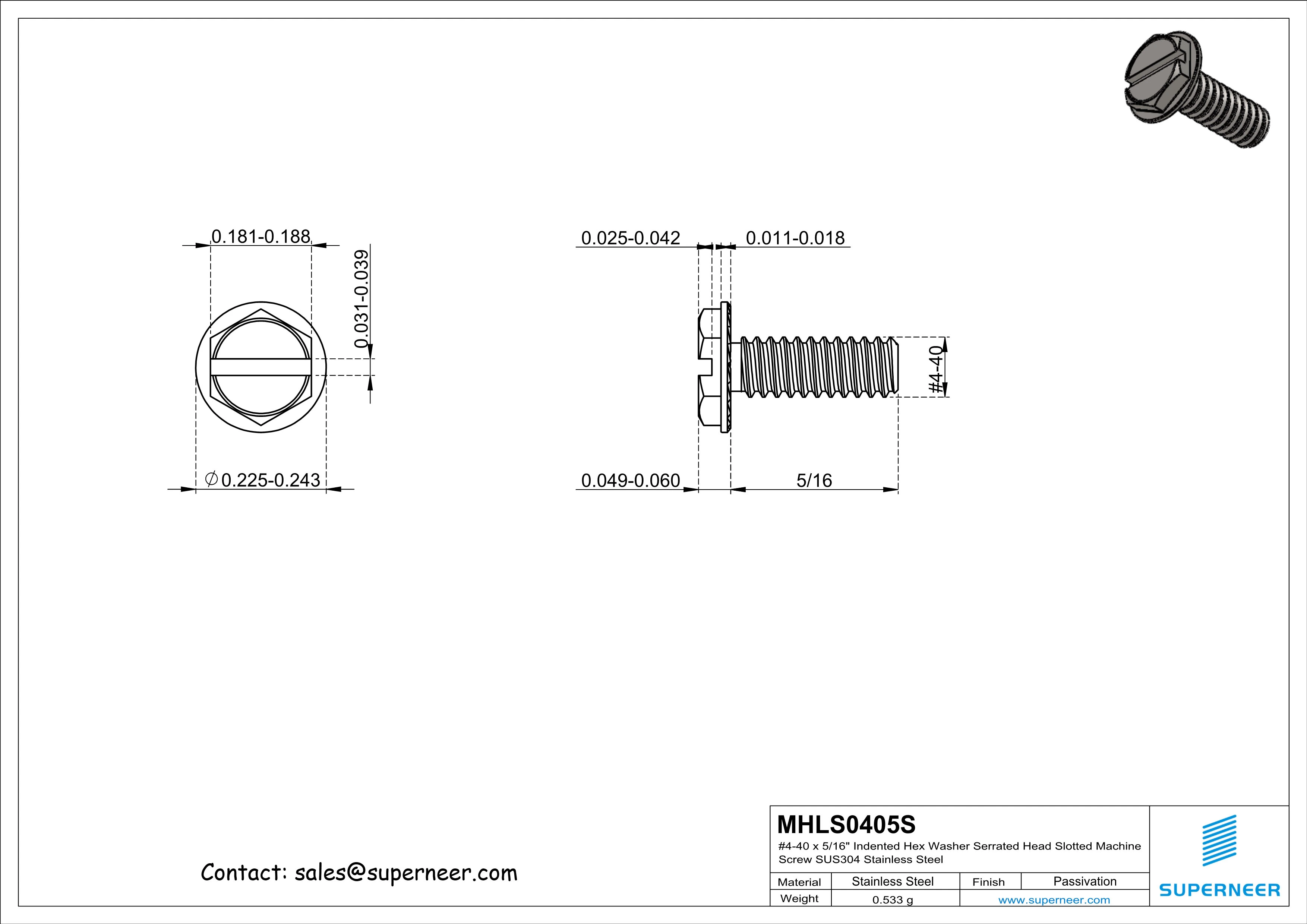 4-40 x 5/16" Indented Hex Washer Serrated Head Slotted Machine Screw SUS304 Stainless Steel Inox