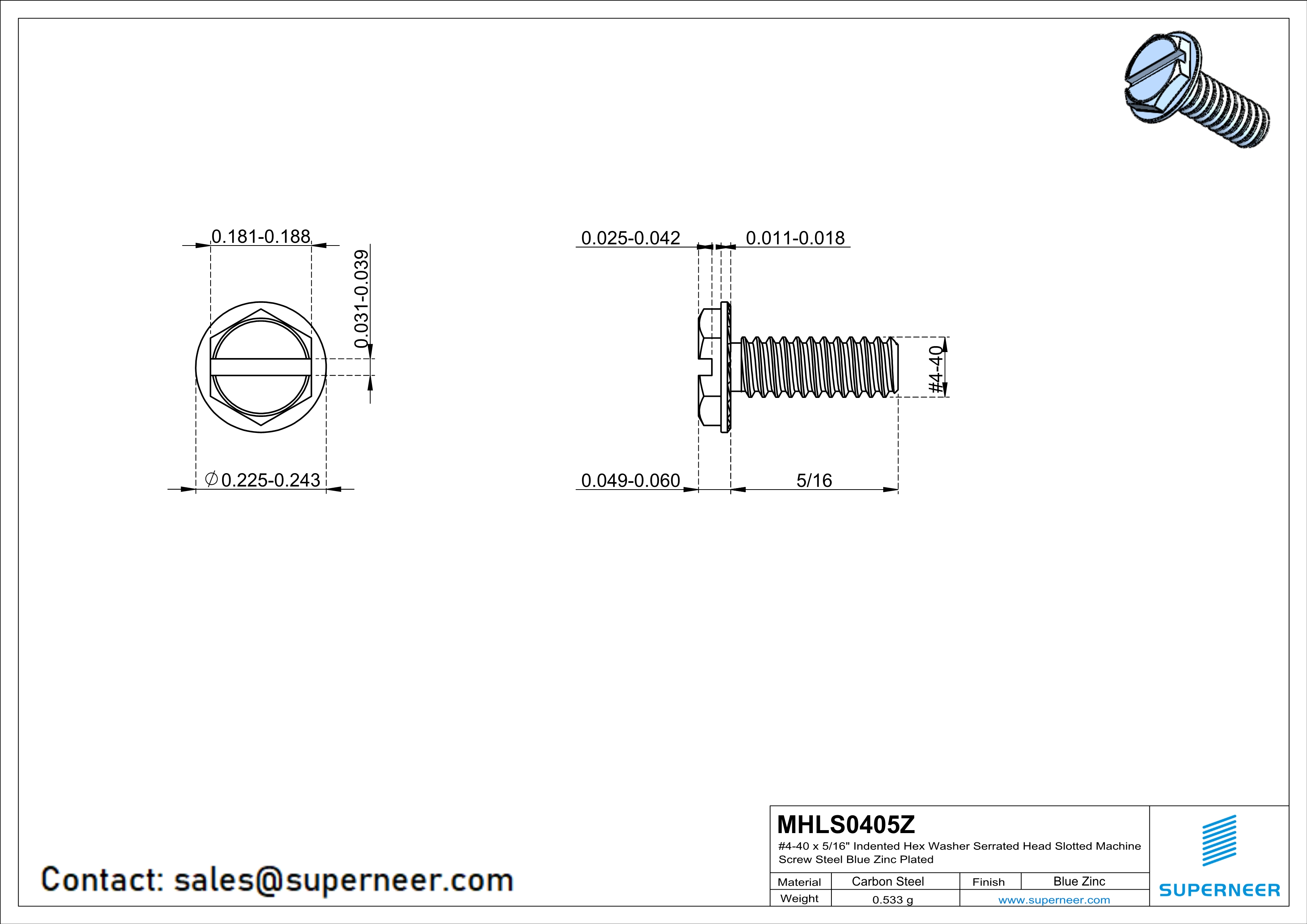 4-40 x 5/16" Indented Hex Washer Serrated Head Slotted Machine Screw Steel Blue Zinc Plated