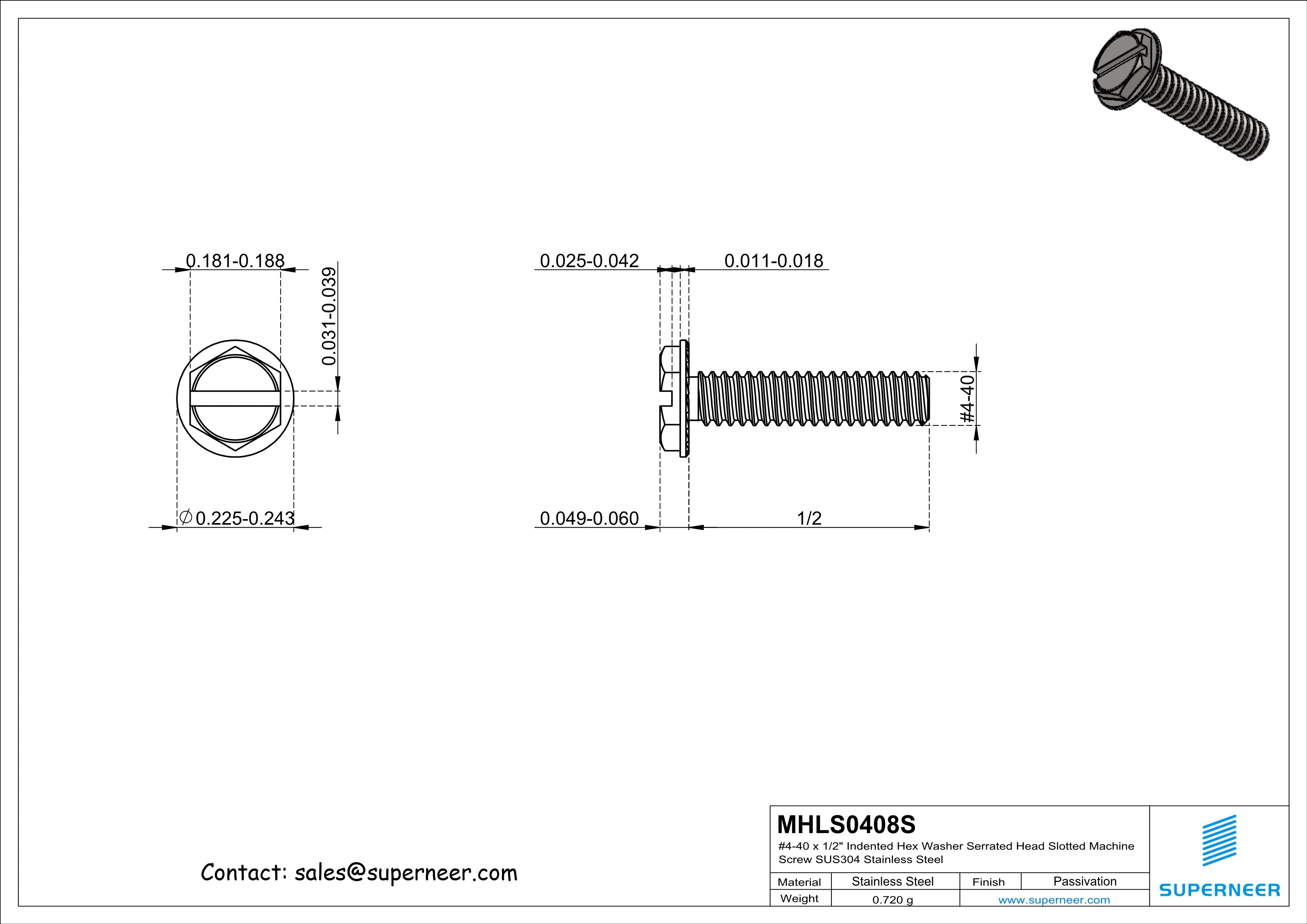 4-40 x 1/2" Indented Hex Washer Serrated Head Slotted Machine Screw SUS304 Stainless Steel Inox