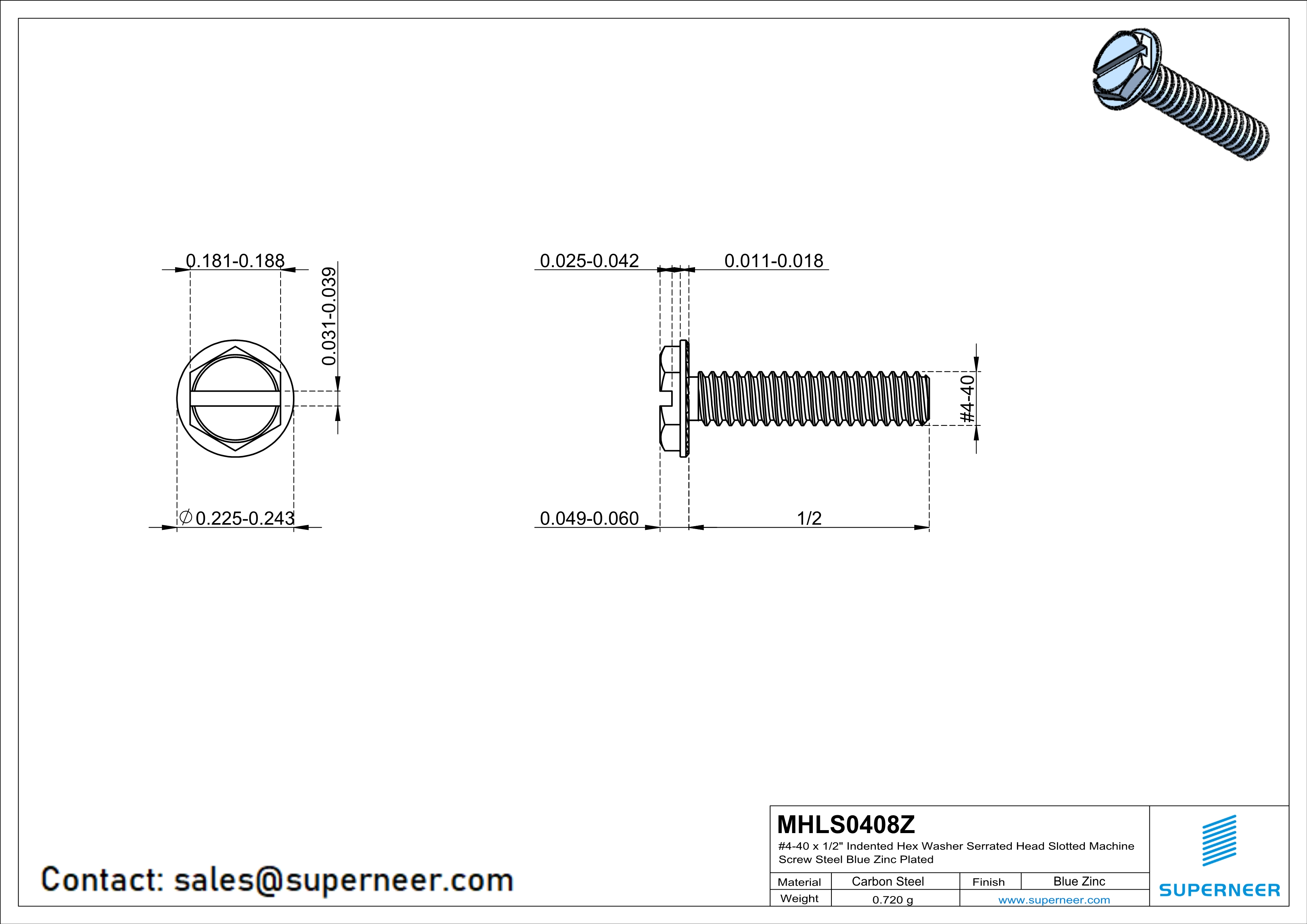 4-40 x 1/2" Indented Hex Washer Serrated Head Slotted Machine Screw Steel Blue Zinc Plated