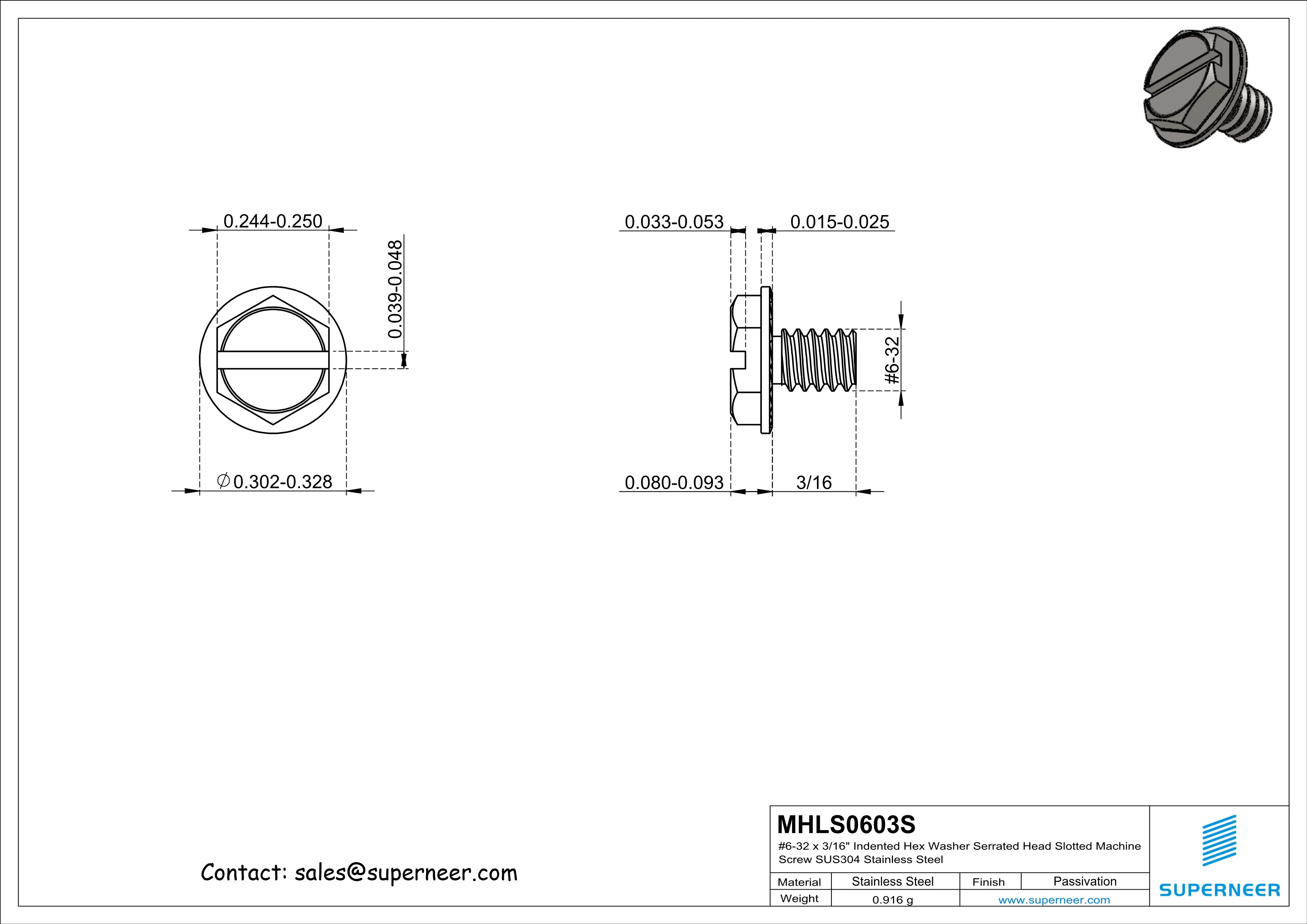 6-32 x 3/16" Indented Hex Washer Serrated Head Slotted Machine Screw SUS304 Stainless Steel Inox