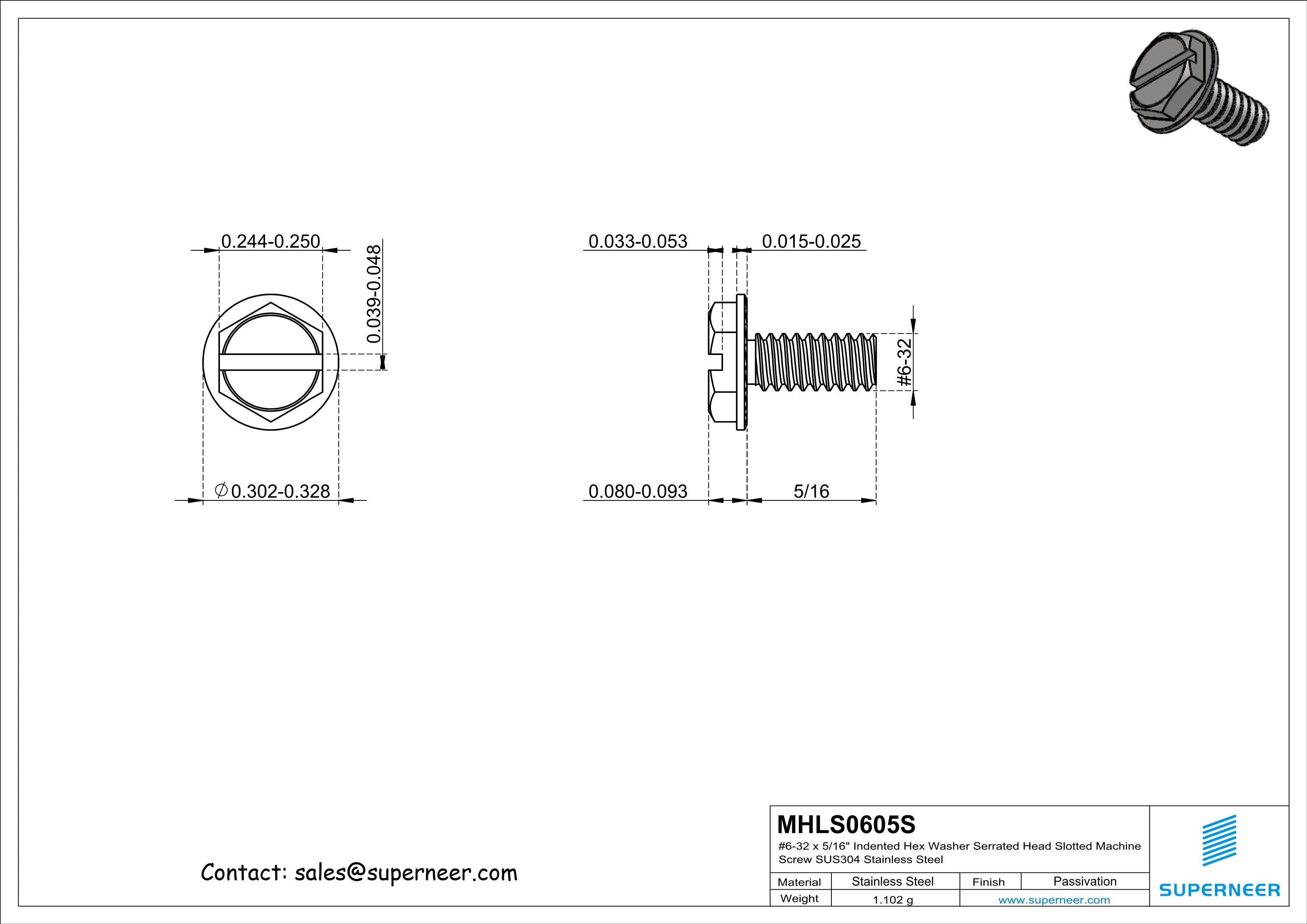 6-32 x 5/16" Indented Hex Washer Serrated Head Slotted Machine Screw SUS304 Stainless Steel Inox