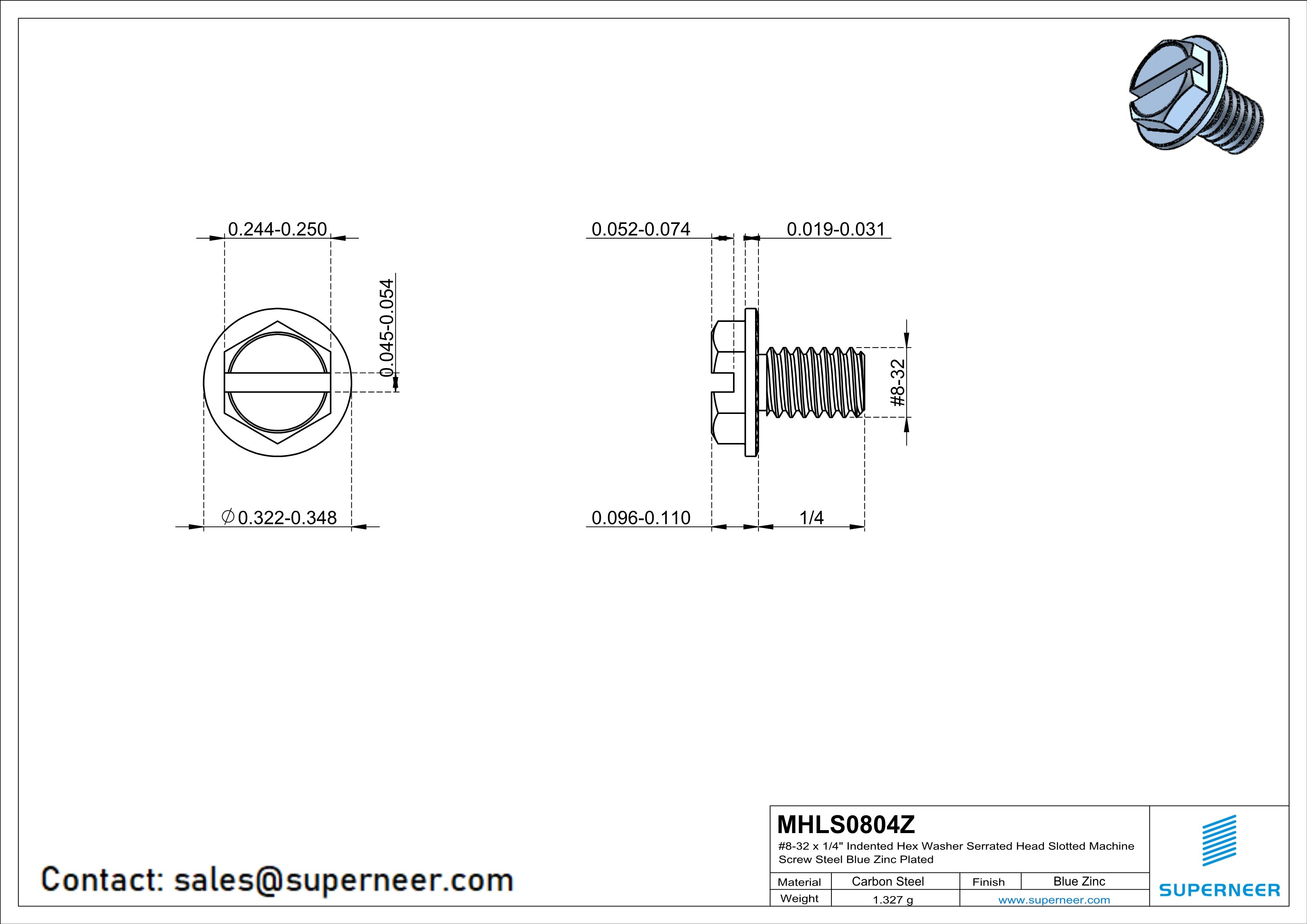 8-32 x 1/4" Indented Hex Washer Serrated Head Slotted Machine Screw Steel Blue Zinc Plated