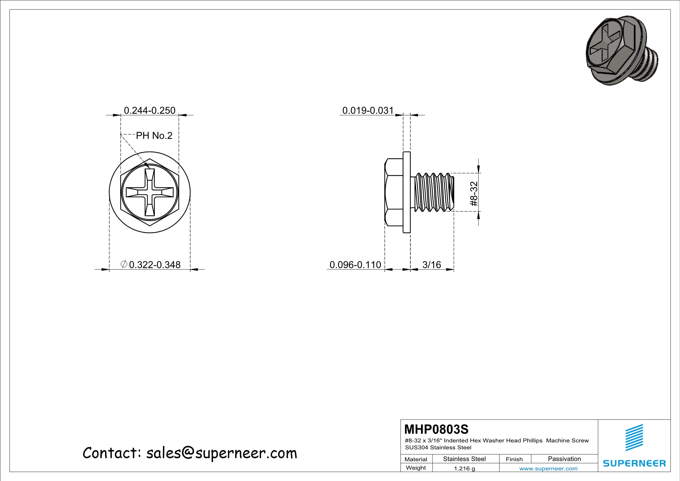 8-32 x 3/16" Indented Hex Washer Head Phillips Machine Screw SUS304 Stainless Steel Inox