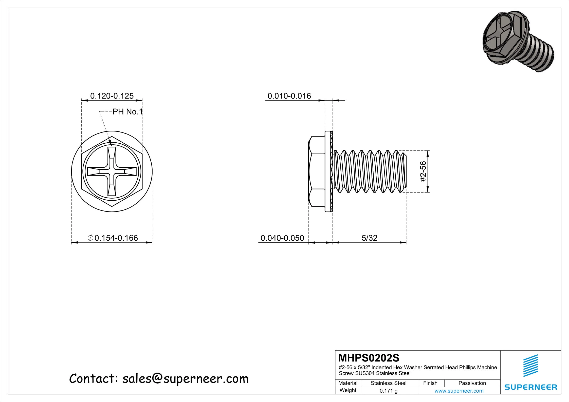 2-56 x 5/32" Indented Hex Washer Serrated Head Phillips Machine Screw SUS304 Stainless Steel Inox