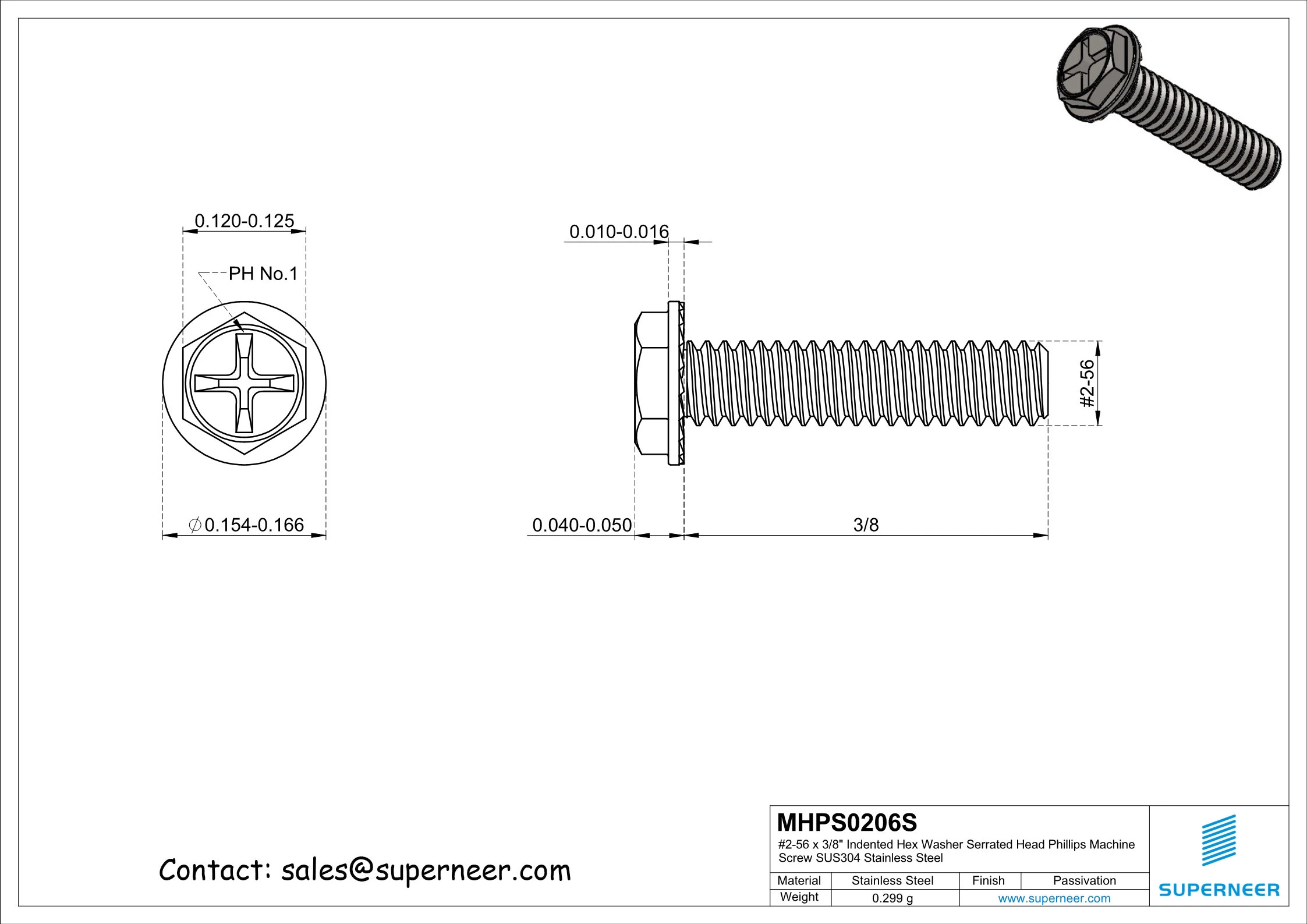 2-56 x 3/8" Indented Hex Washer Serrated Head Phillips Machine Screw SUS304 Stainless Steel Inox