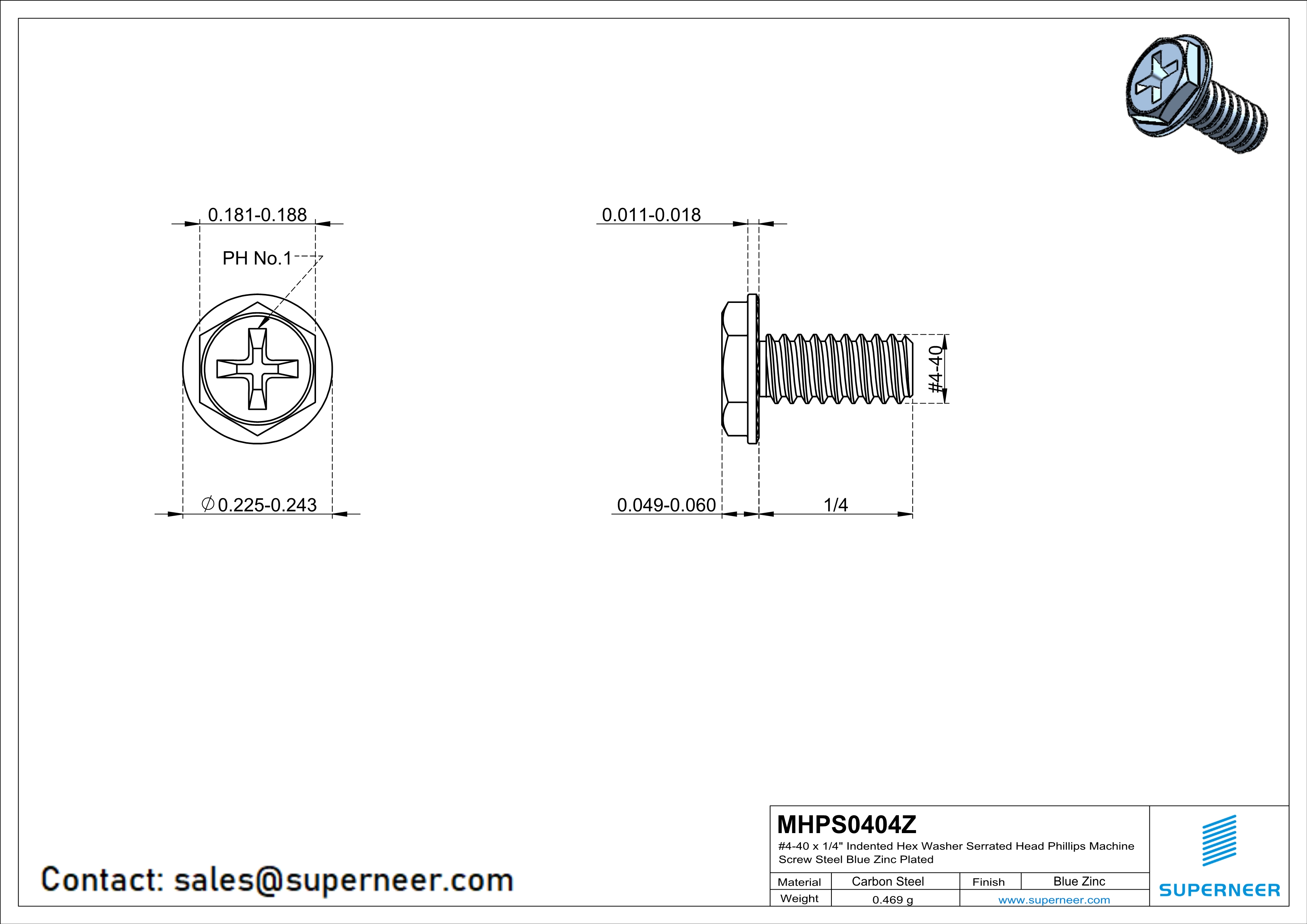 4-40 x 1/4" Indented Hex Washer Serrated Head Phillips Machine Screw Steel Blue Zinc Plated