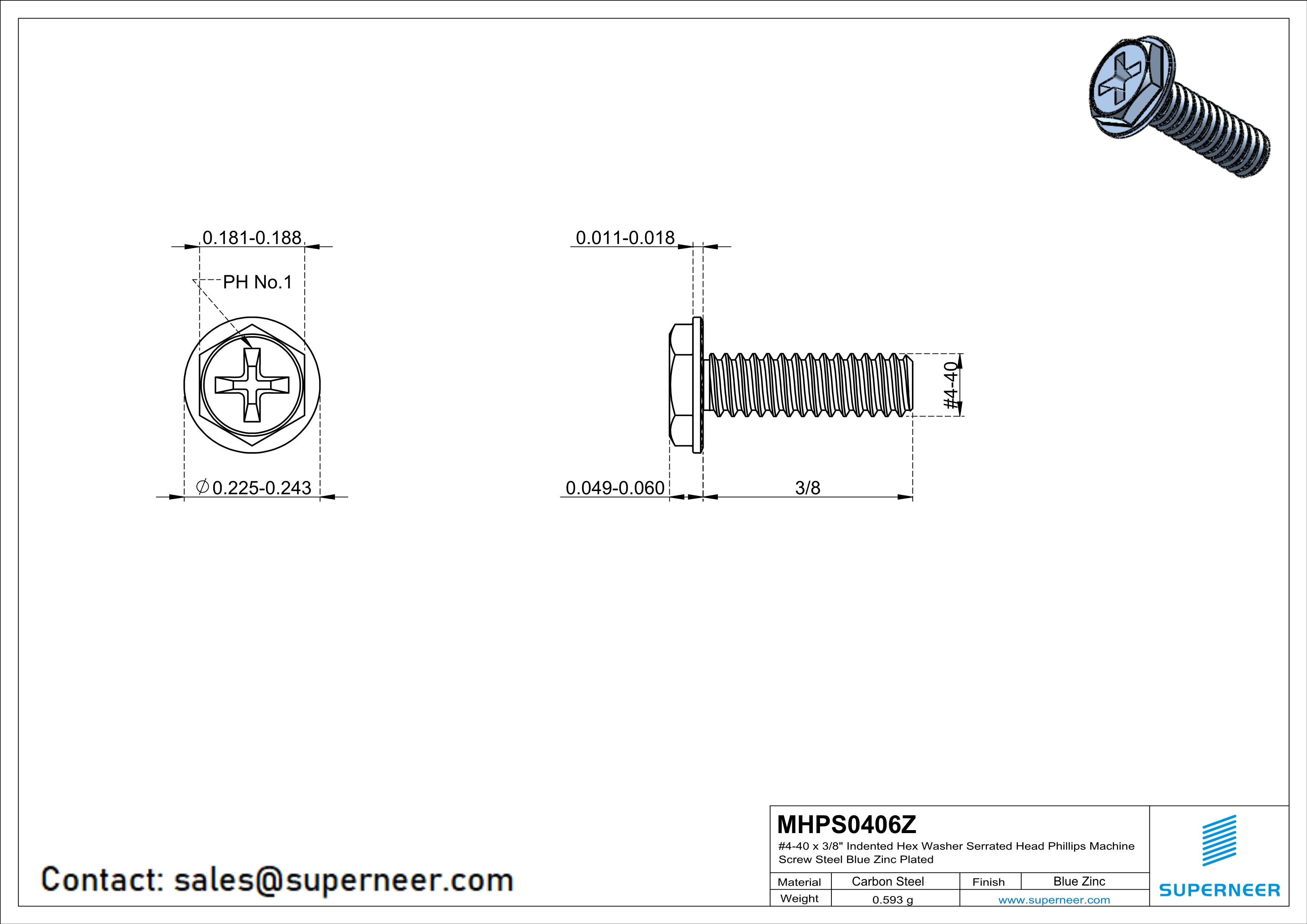 4-40 x 3/8" Indented Hex Washer Serrated Head Phillips Machine Screw Steel Blue Zinc Plated