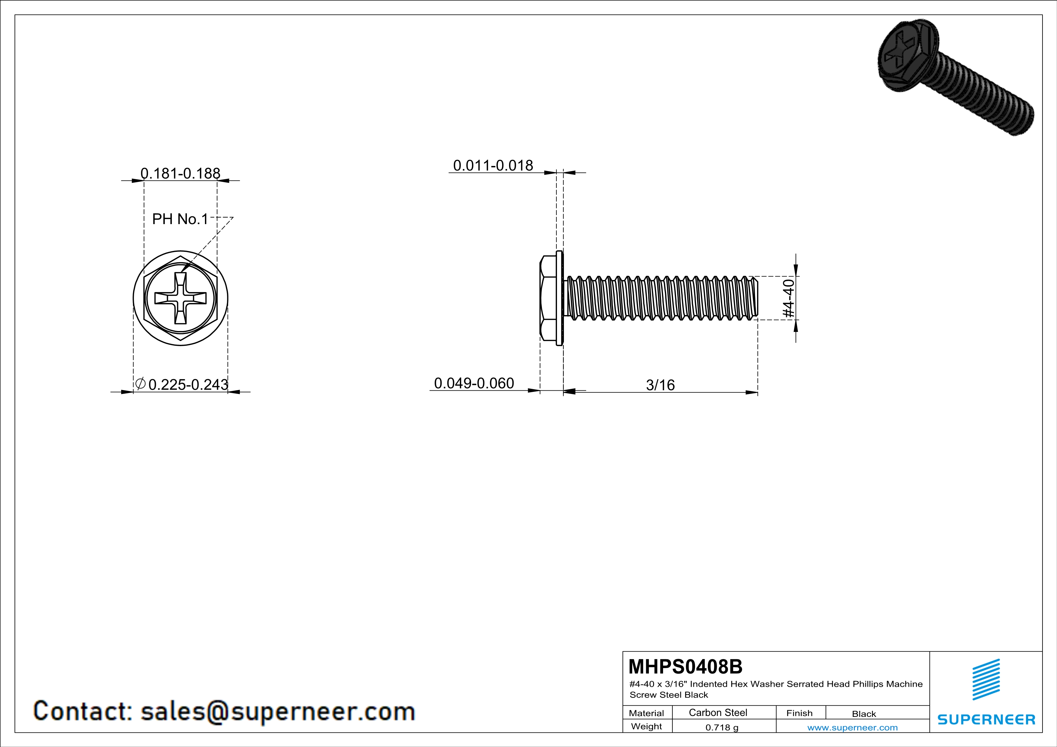 4-40 x 1/2" Indented Hex Washer Serrated Head Phillips Machine Screw Steel Black