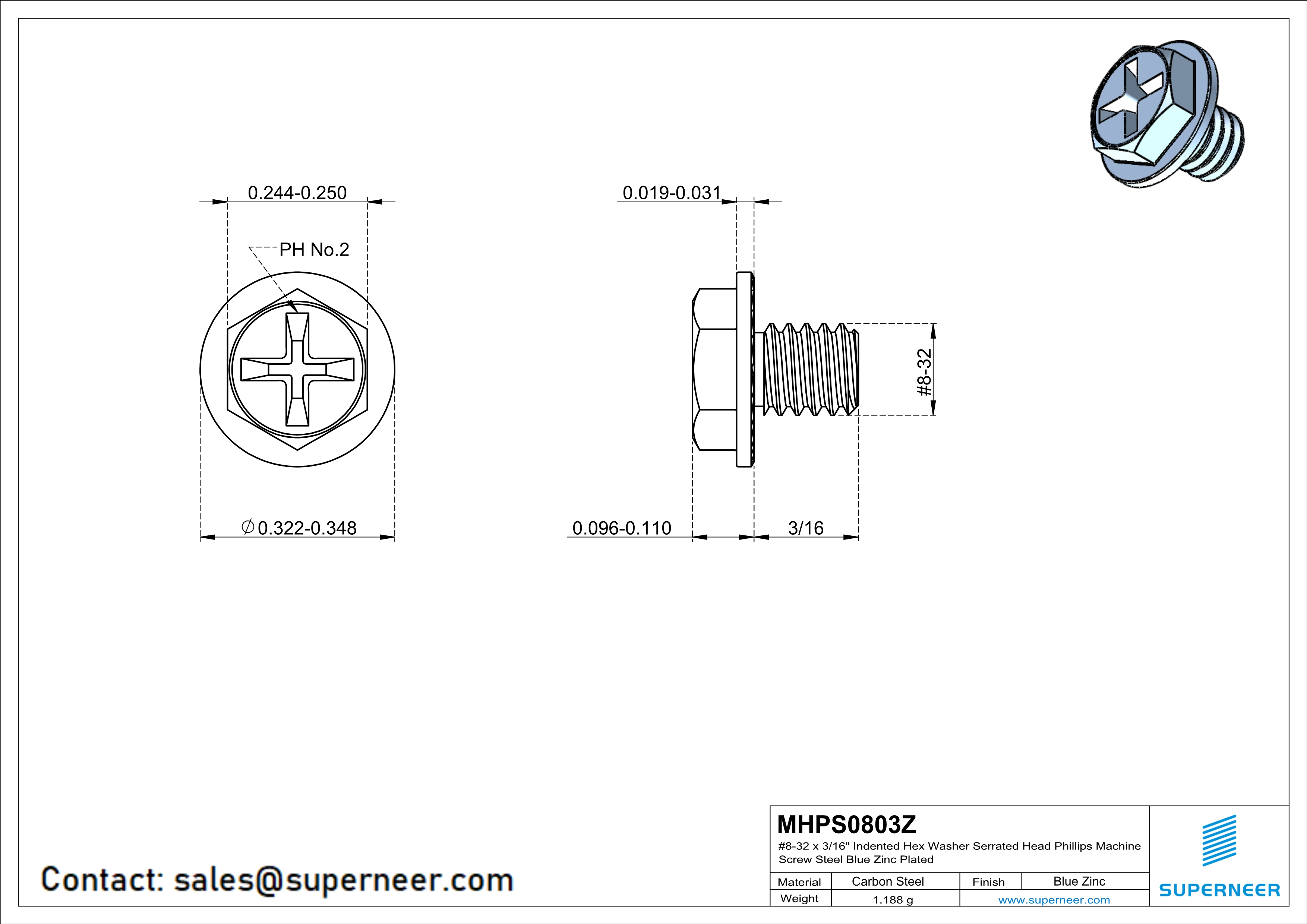 8-32 x 3/16" Indented Hex Washer Serrated Head Phillips Machine Screw Steel Blue Zinc Plated