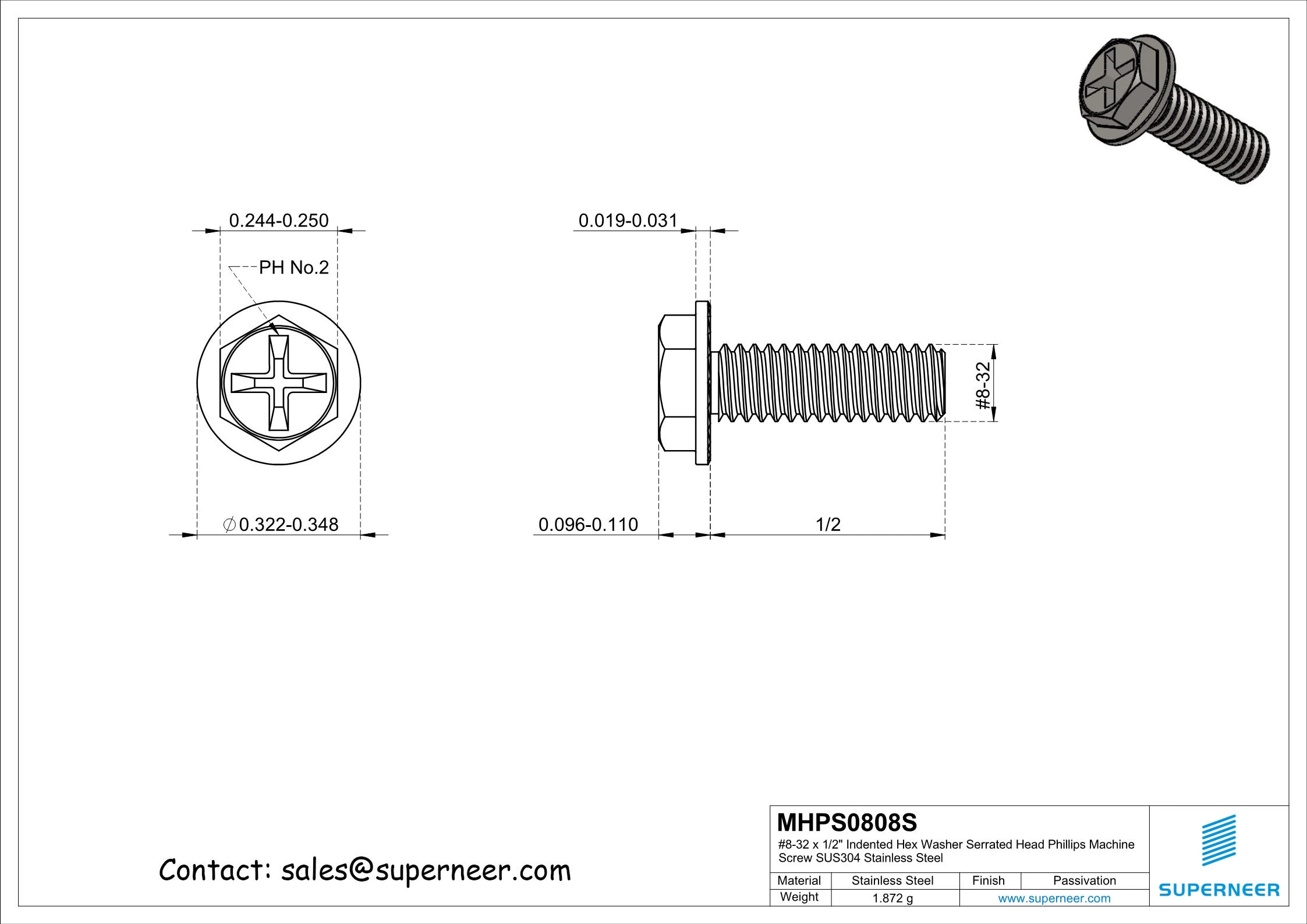 8-32 x 1/2" Indented Hex Washer Serrated Head Phillips Machine Screw SUS304 Stainless Steel Inox