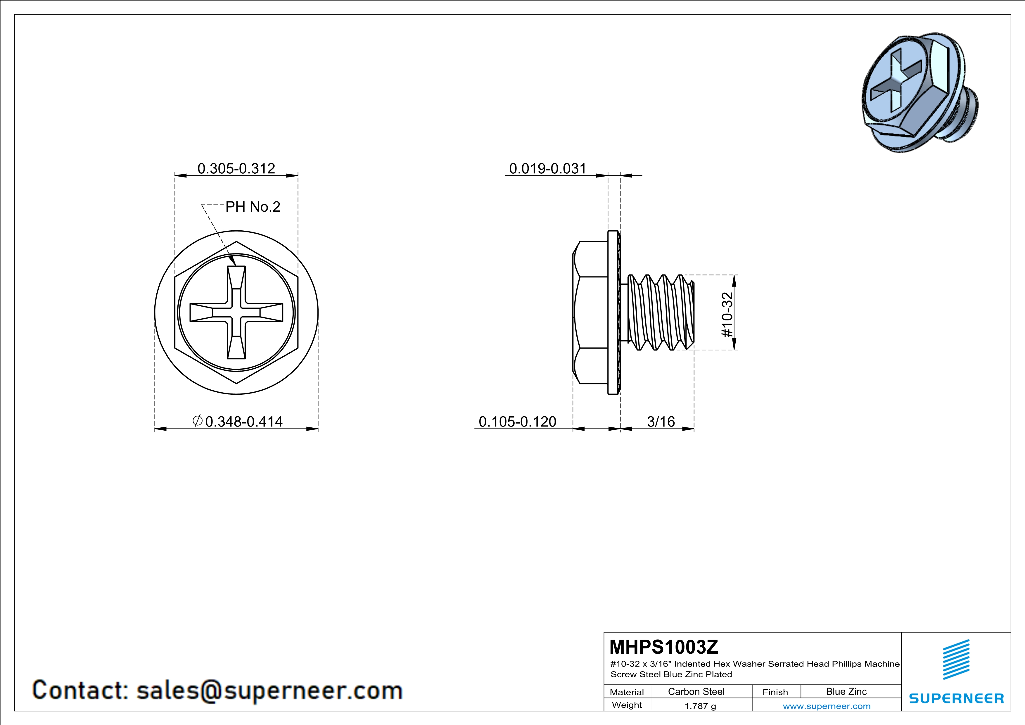 10-32 x 3/16" Indented Hex Washer Serrated Head Phillips Machine Screw Steel Blue Zinc Plated