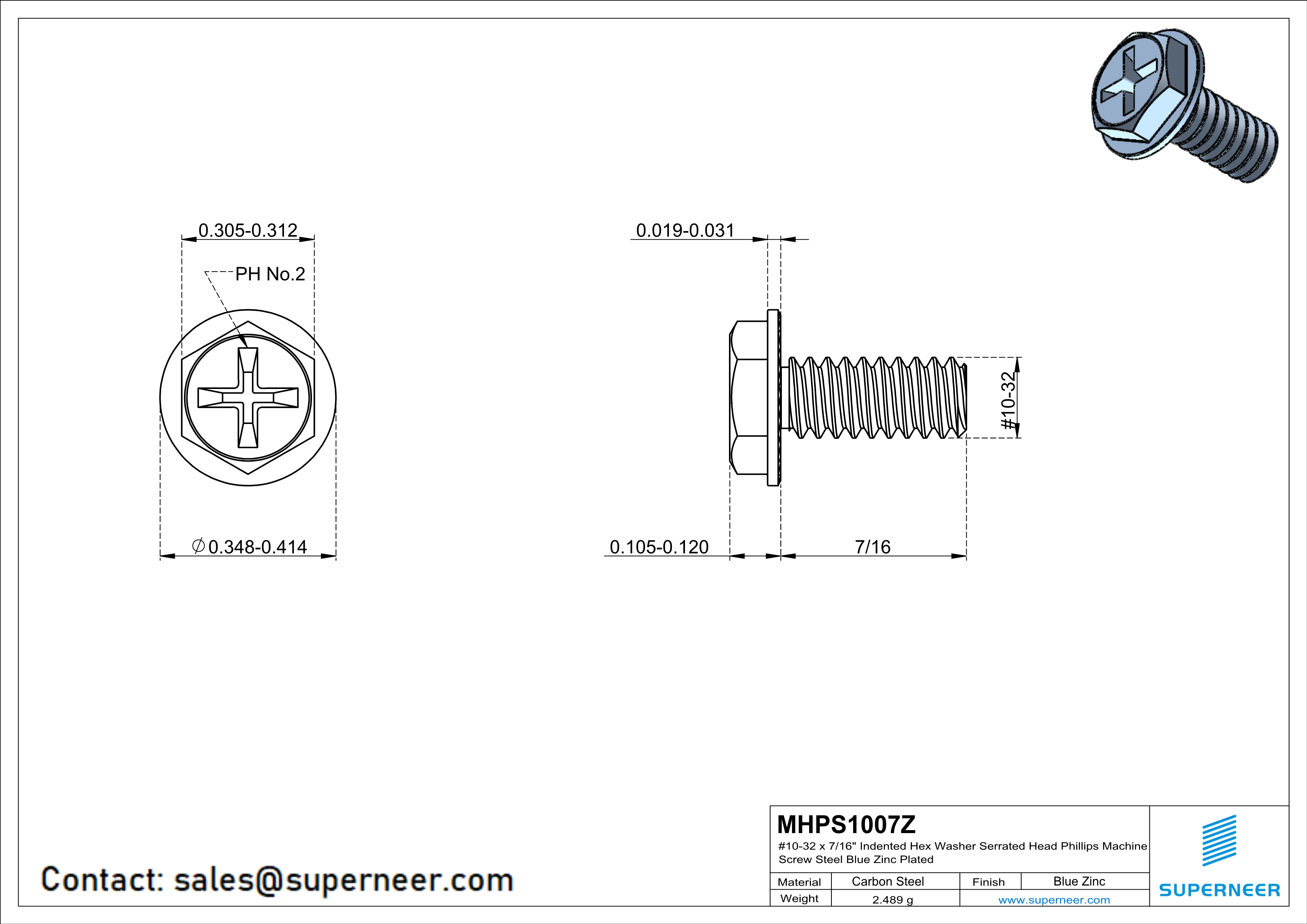 10-32 x 7/16“ Indented Hex Washer Serrated Head Phillips Machine Screw Steel Blue Zinc Plated