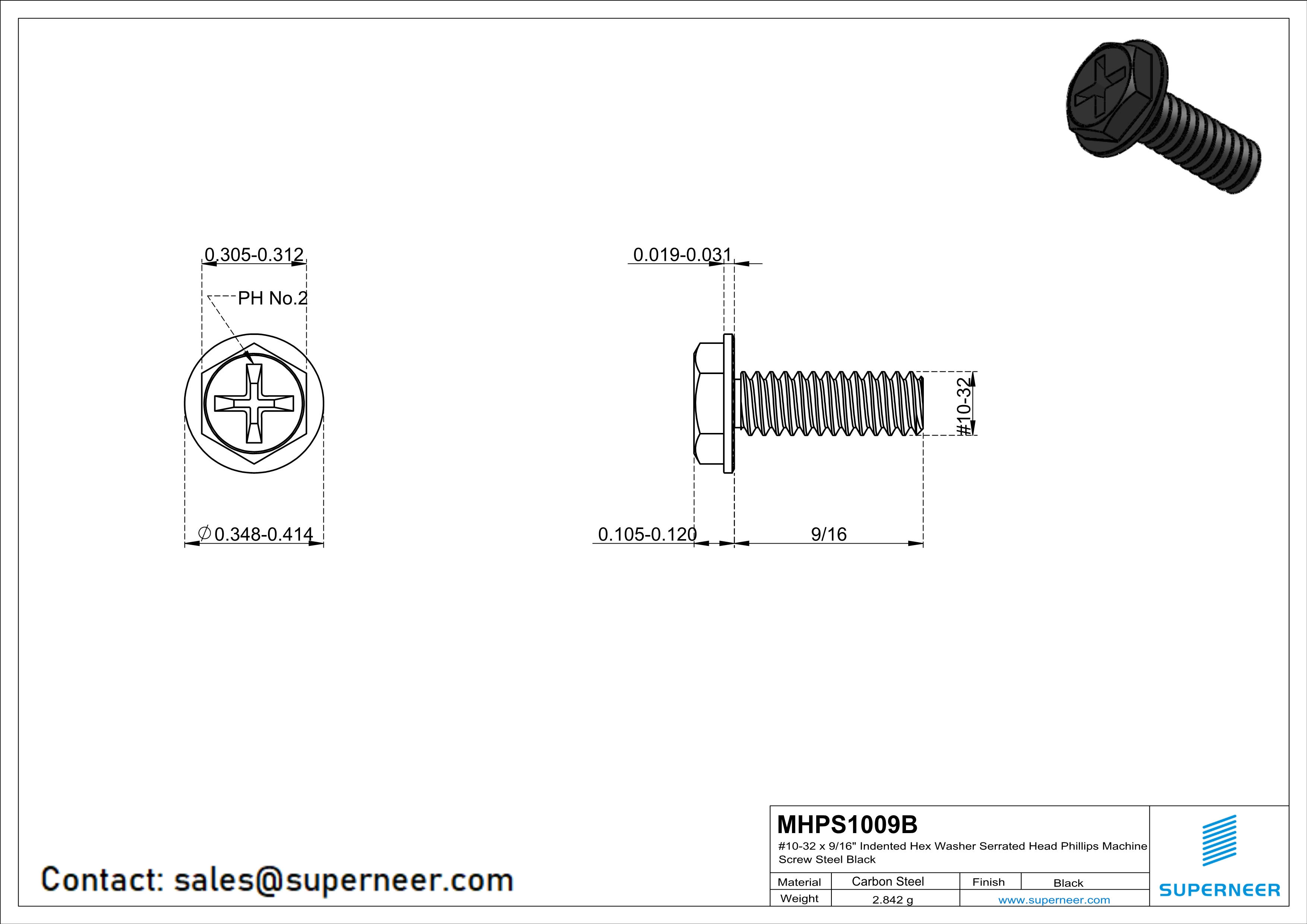 10-32 x 9/16“ Indented Hex Washer Serrated Head Phillips Machine Screw Steel Black