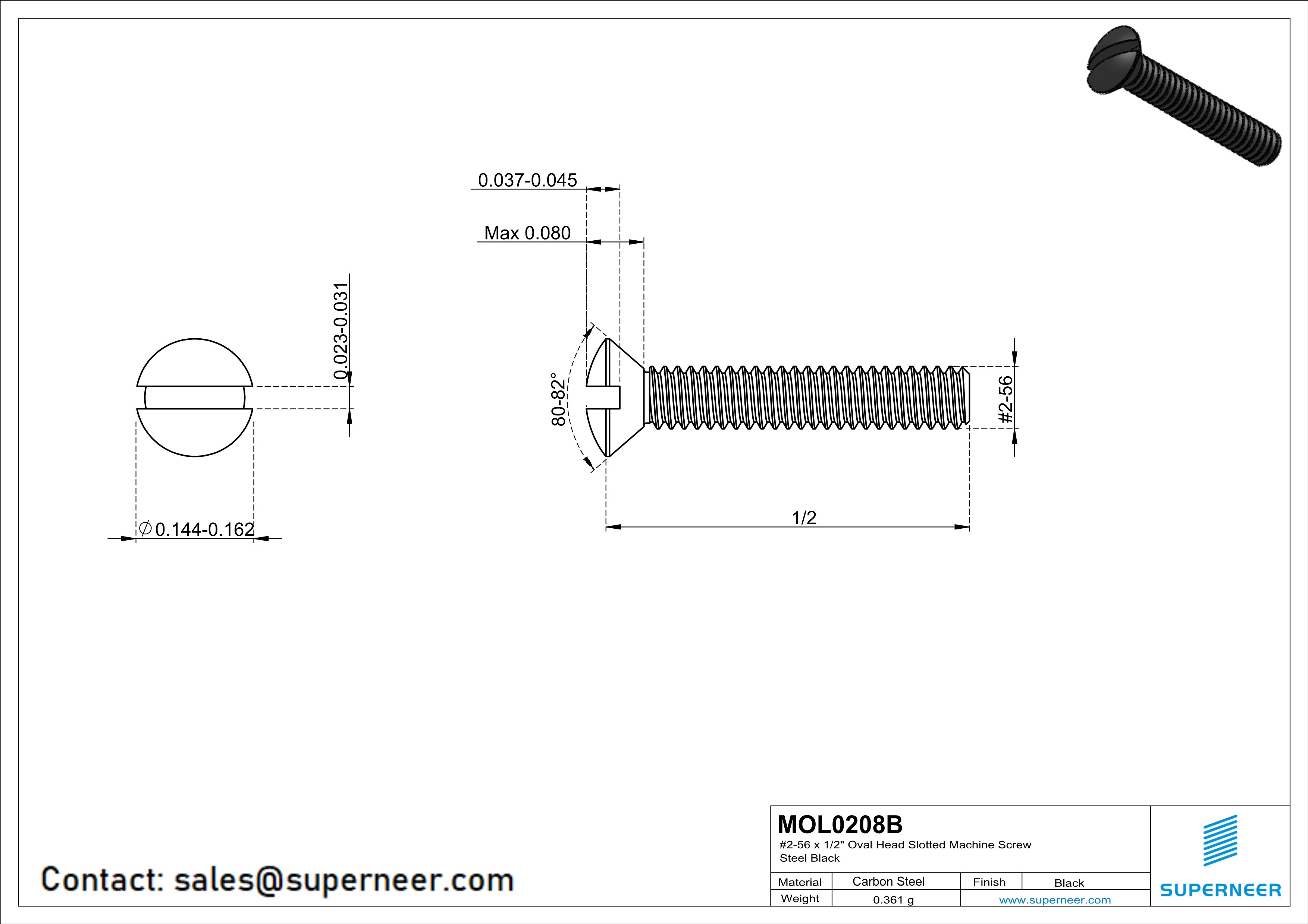 2-56 x 1/2" Oval Head Slotted Machine Screw Steel Black
