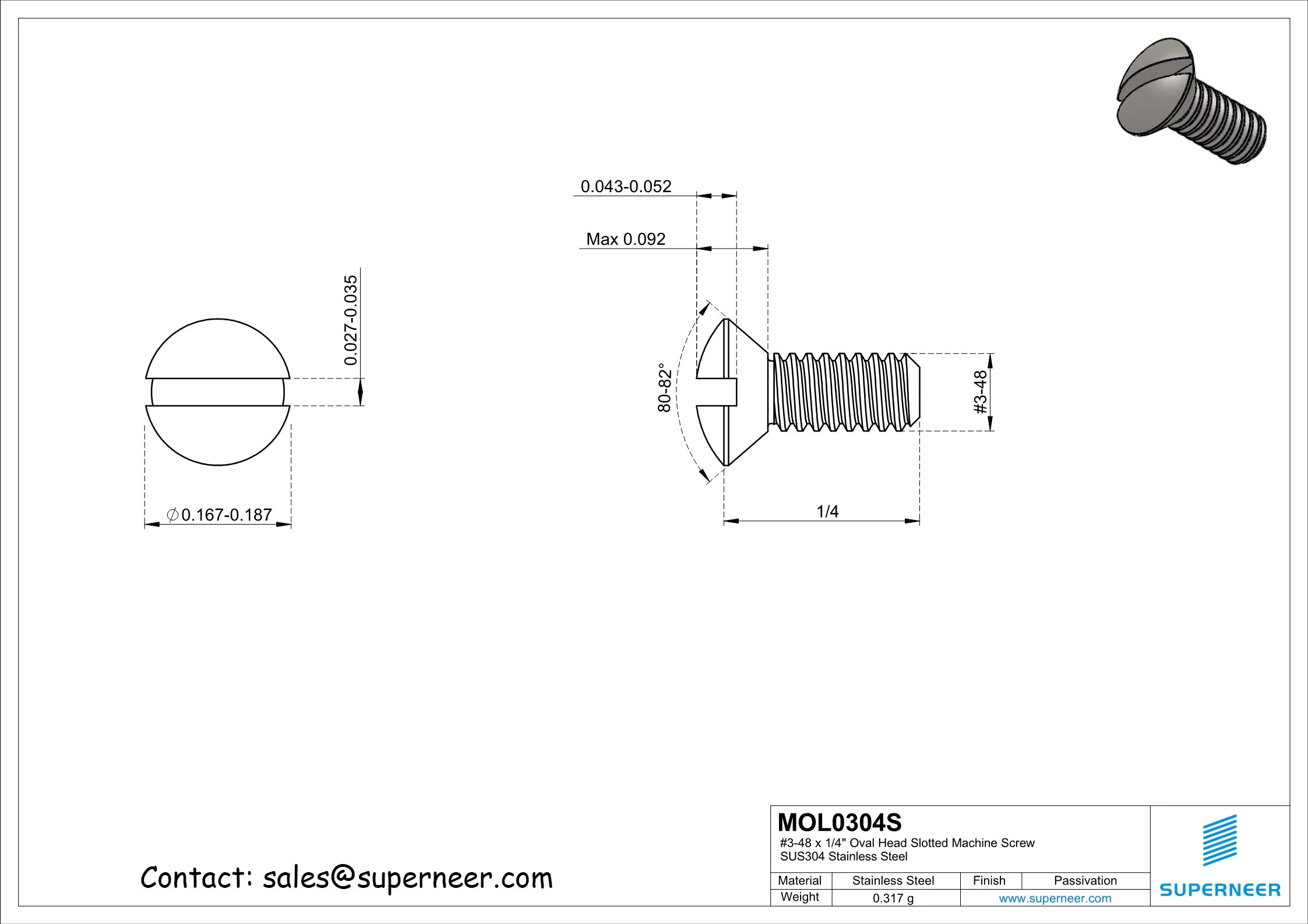 3-48 x 1/4" Oval Head Slotted Machine Screw SUS304 Stainless Steel Inox