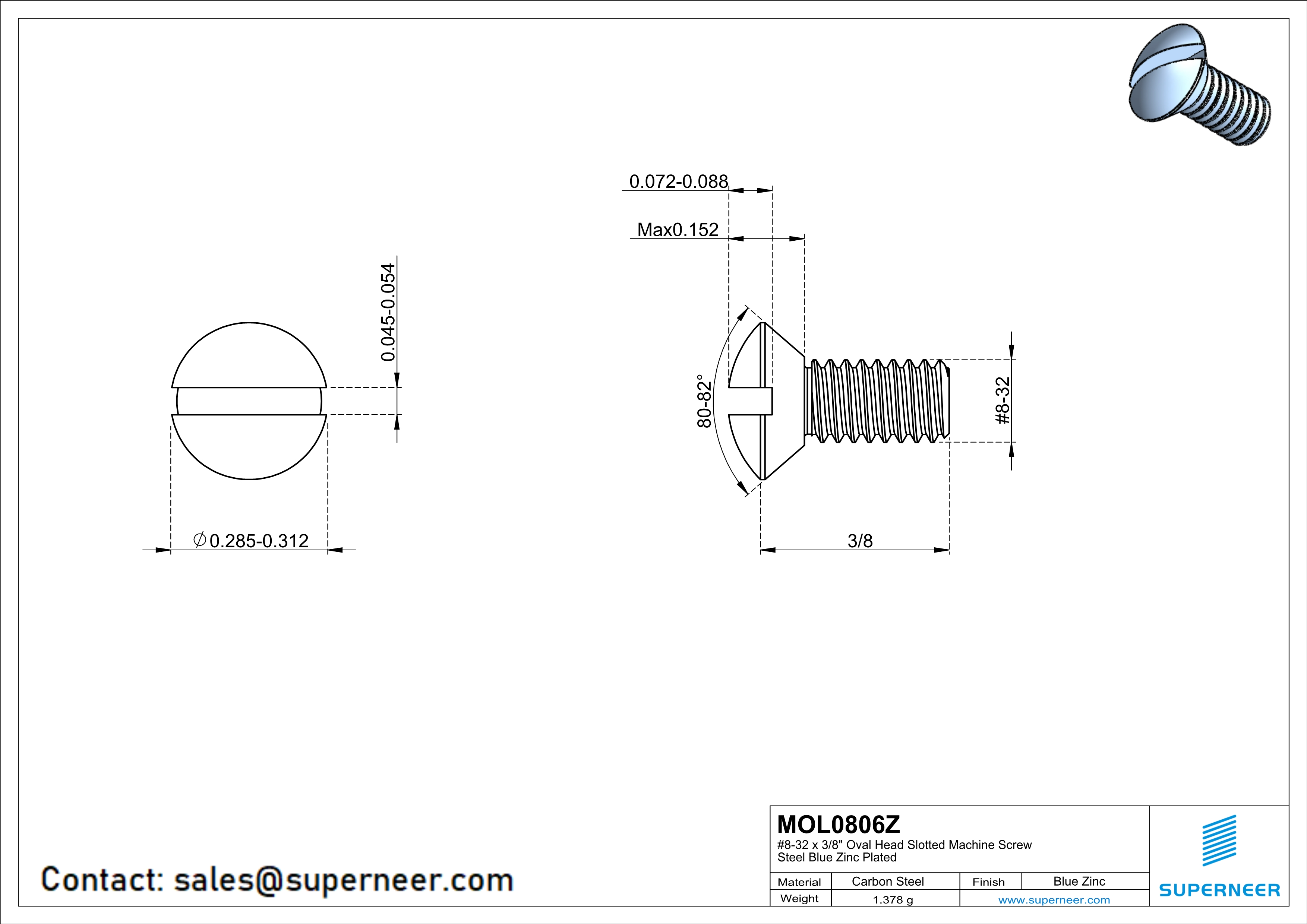 8-32 x 3/8" Oval Head Slotted Machine Screw Steel Blue Zinc Plated