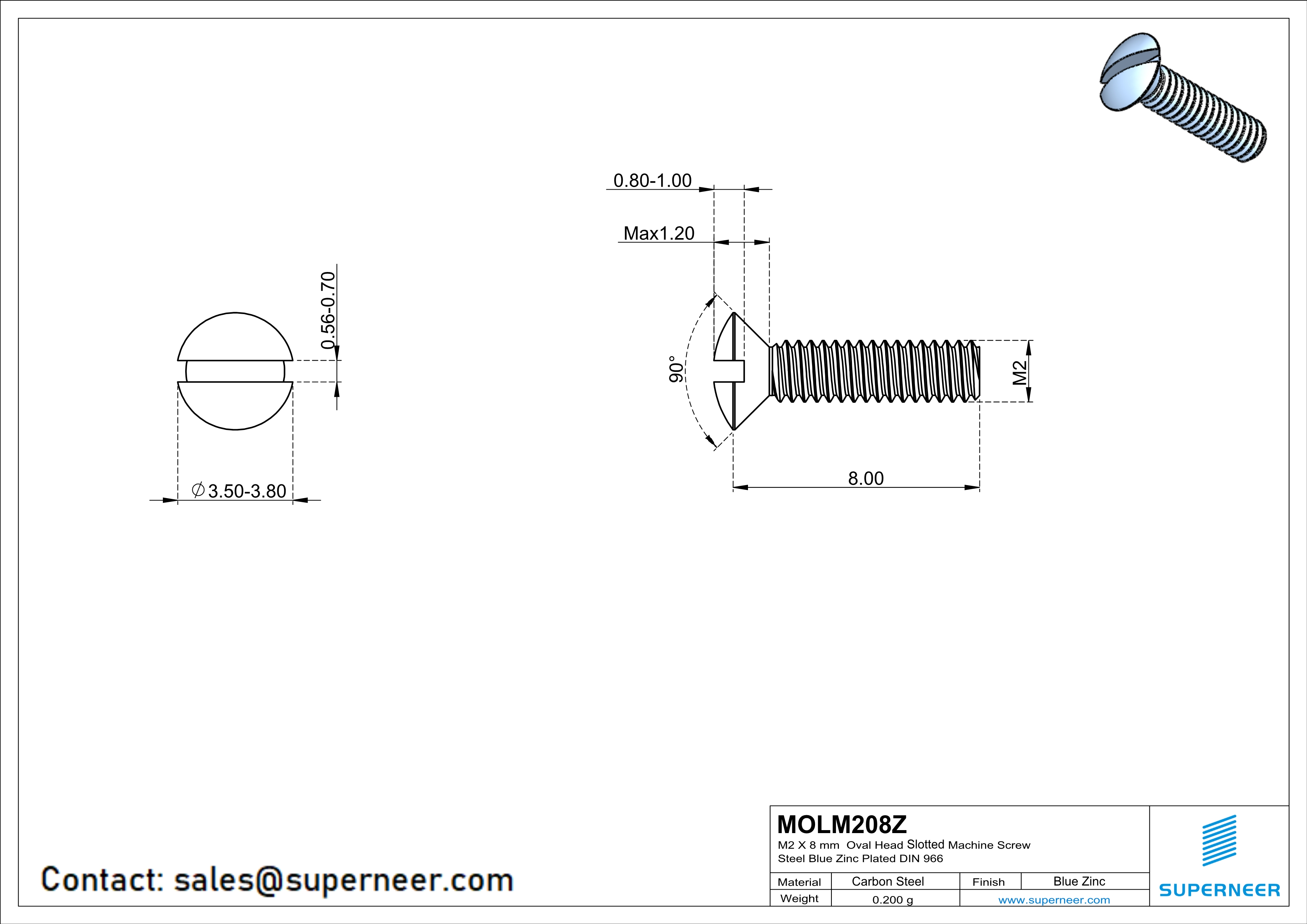 M2 x 8 mm Oval Head Slotted Machine Screw Steel Blue Zinc Plated DIN 964